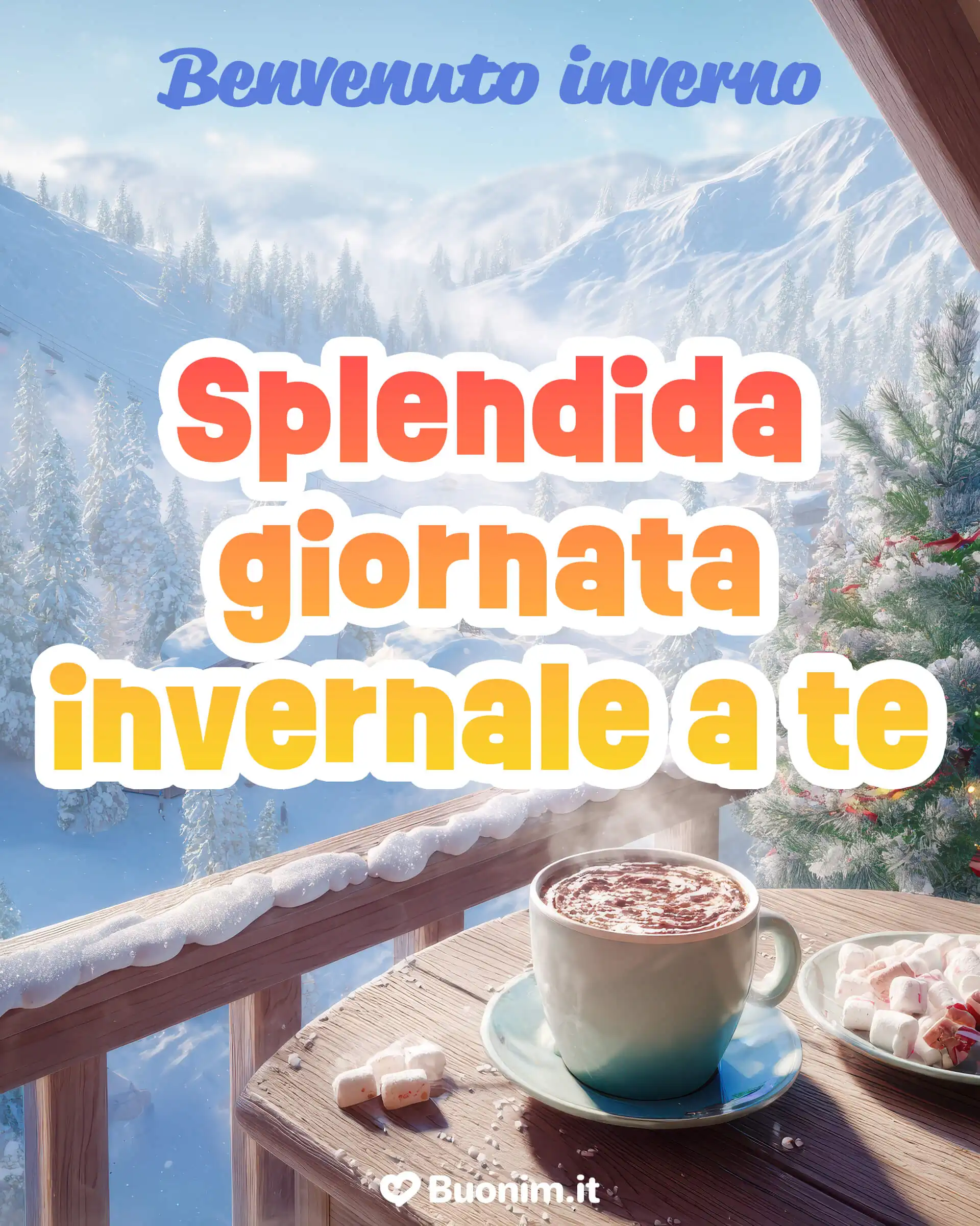 Monti innevati, balcone di legno e cioccolata calda che profuma di pace. Un’immagine dell’inverno che scalda l’anima e regala calma. Ti mando un abbraccione e un giorno dolcissimo pieno di luce.