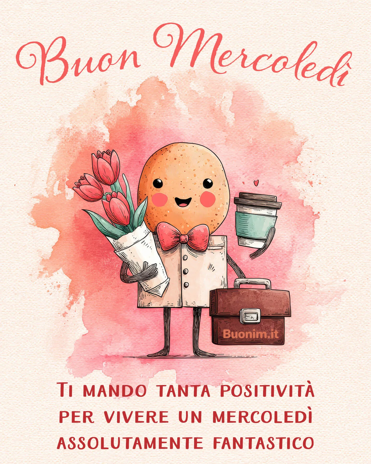 Bacini e tanta positività per questo mercoledì. Con questa immagine di buon mercoledì puoi regalare un sorriso e augurare una giornata davvero fantastica.
