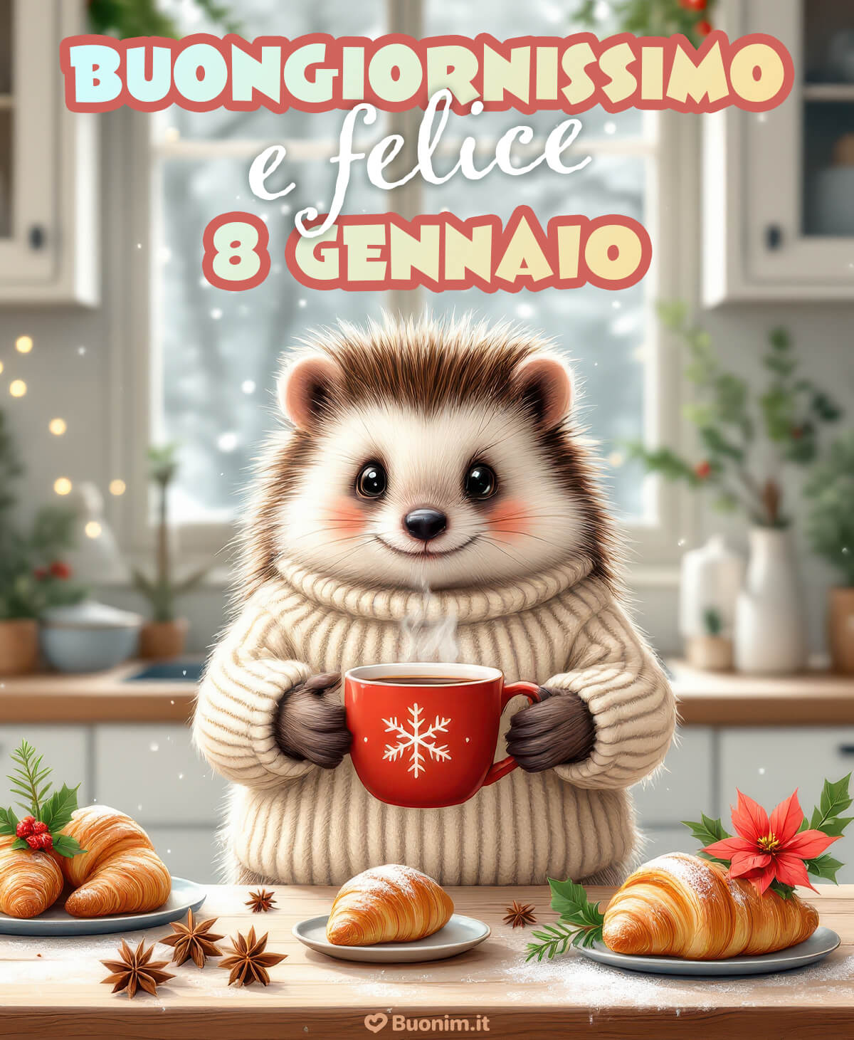 Colazione d'inverno con riccio e cornetti caldi Tra fiocchi di neve e profumo di brioche, questo riccetto ti offre la sua tazza rossa e ti augura un 8 gennaio dolce, pieno di pace e buonumore.