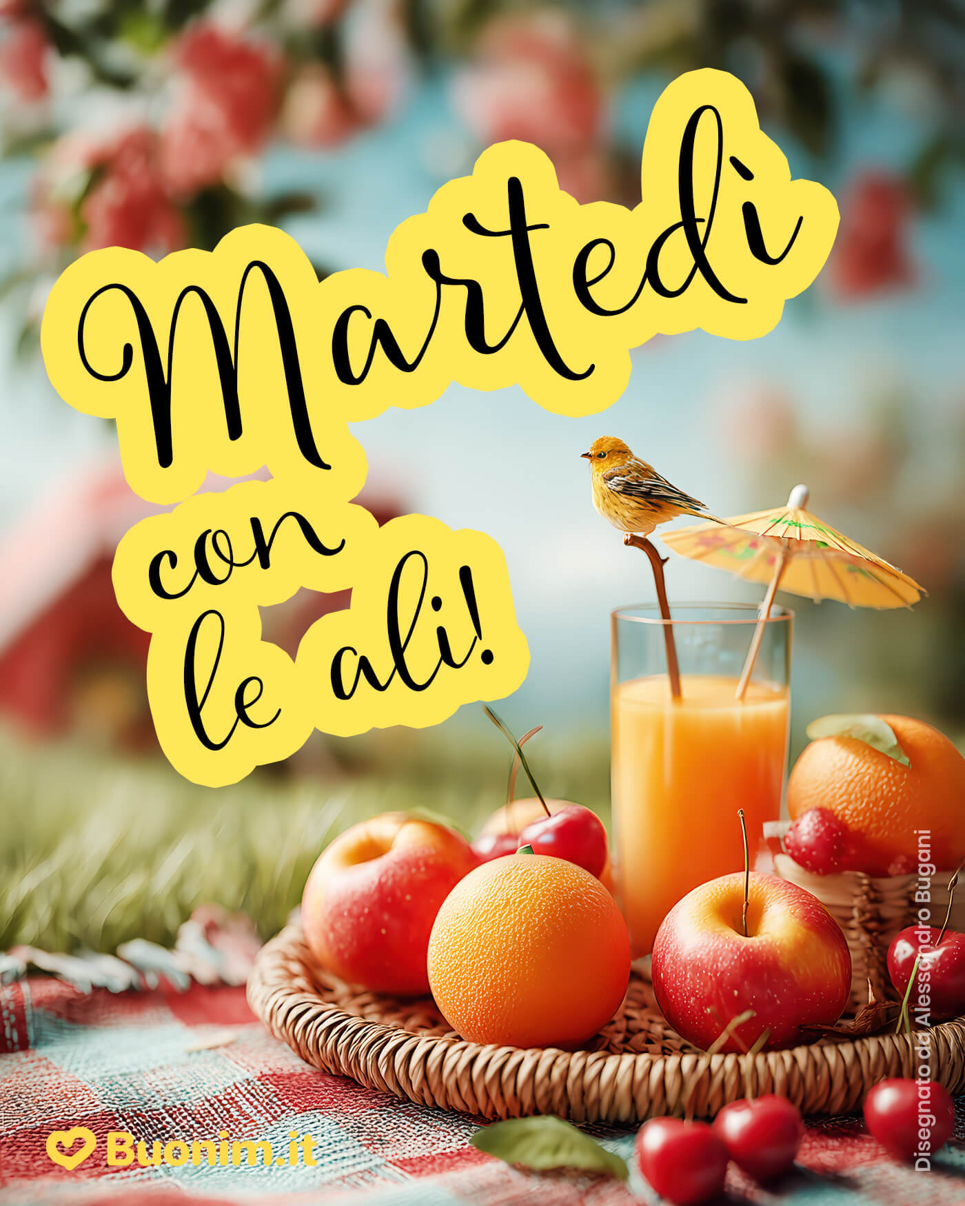 Colazione fruttata, martedì con le ali Aria di primavera, colori freschi e un uccellino che porta buonumore. Ti auguro un martedì con le ali, leggero e fortunato, da mandare a chi ami.