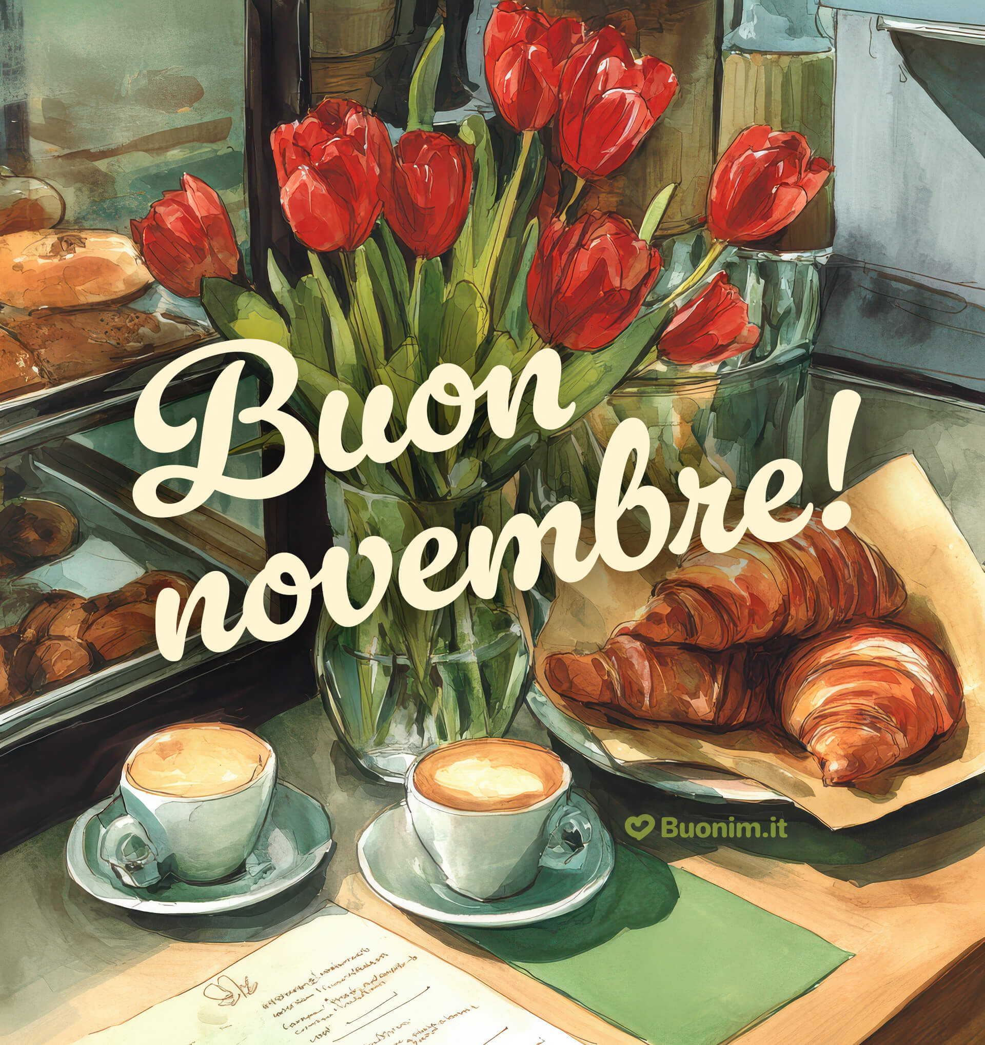 Colazione romantica per un novembre di coccole Il profumo dei croissant caldi e dei tulipani rossi illumina il mattino e rende tutto più dolce. Auguri autunnali per l’ultimo mese d’autunno, con cuori leggeri e sorrisi da assaporare insieme.