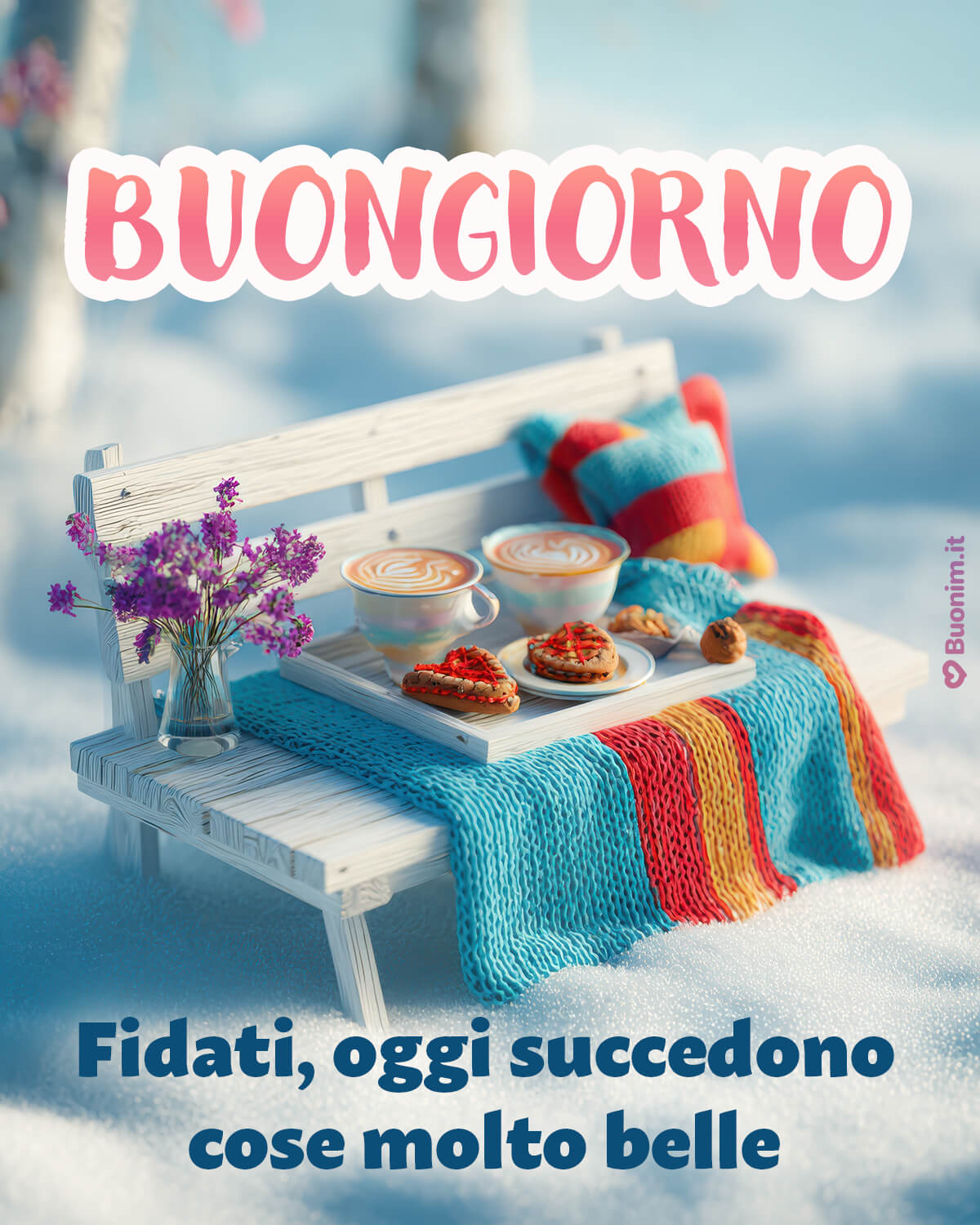 Respira piano, il freddo fuori non conta quando c’è una colazione così. Cappuccino, biscotti e una coperta colorata ti portano serenità. Fidati, oggi arrivano cose belle.