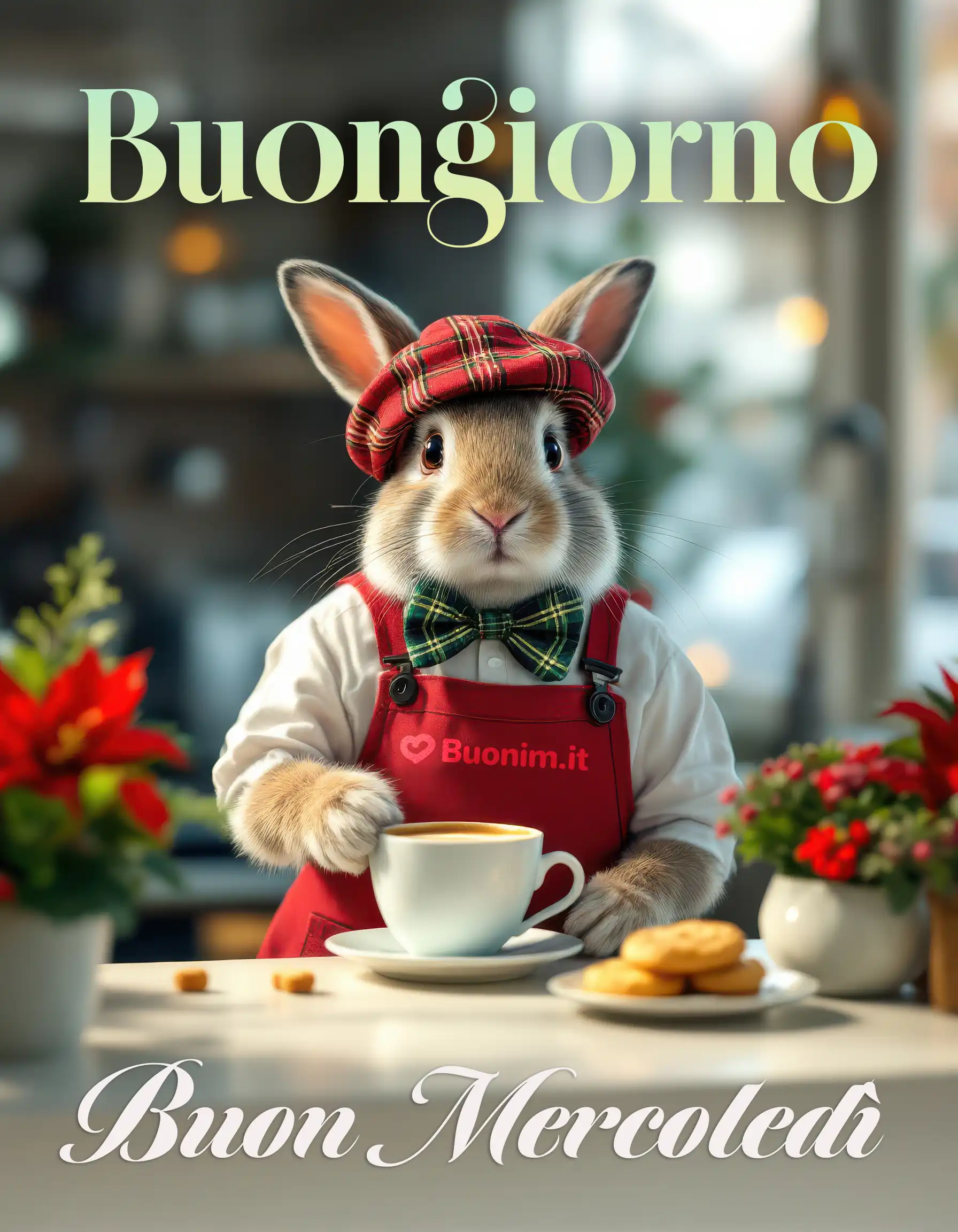 Un caffè fumante, biscotti e un coniglietto elegante trasformano il freddo mercoledì d’inverno in un momento di coccole. Le immagini più belle nascono così, da condividere con chi ami per augurare un buongiorno pieno di tenerezza.