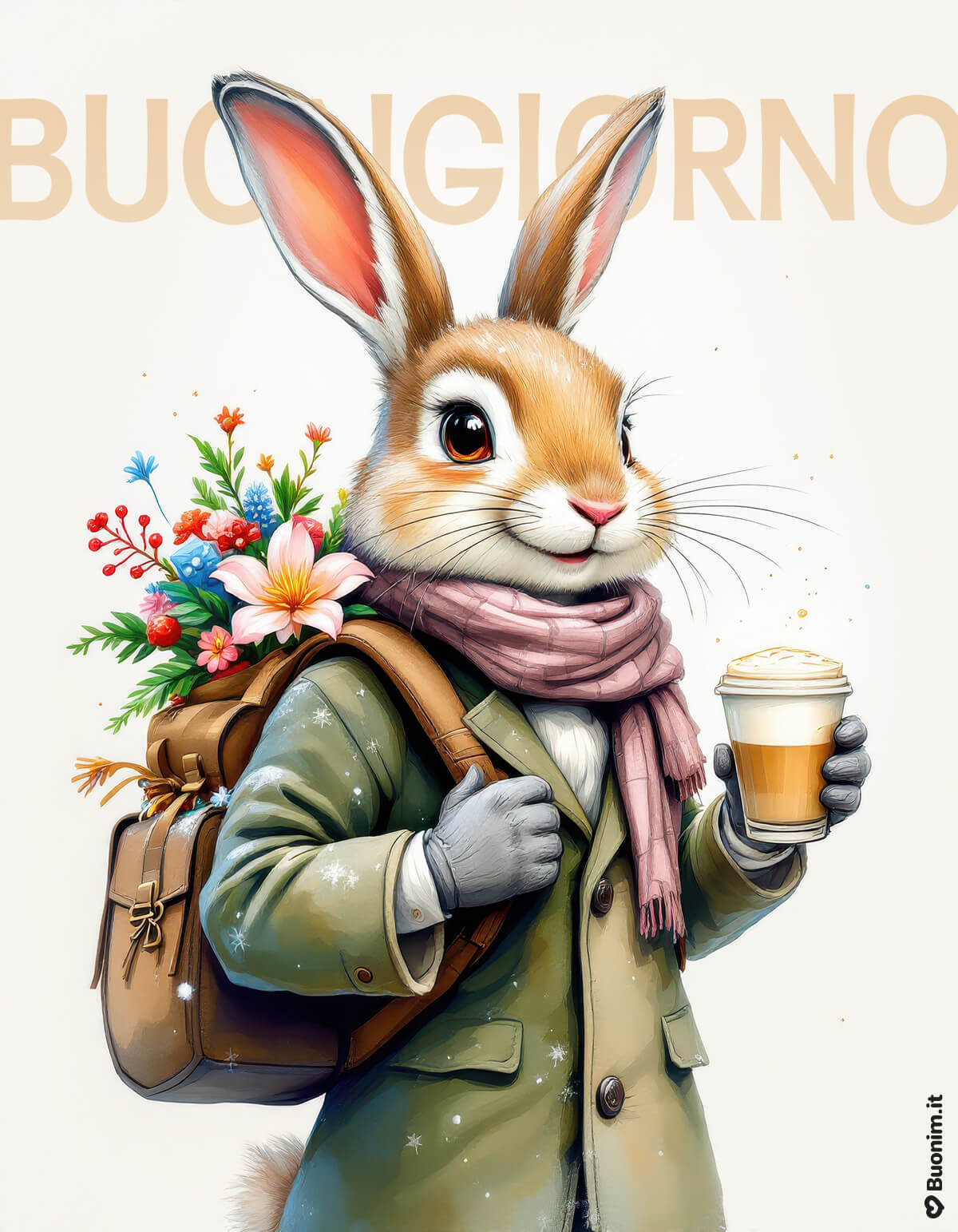 Coniglietto e caffè per un dolce buongiorno Prenditi un momento caldo tra fiori e cappotto, proprio come il coniglietto con il caffè. Ti auguro serenità, energia e un abbraccione per iniziare bene questa mattina d’inverno.