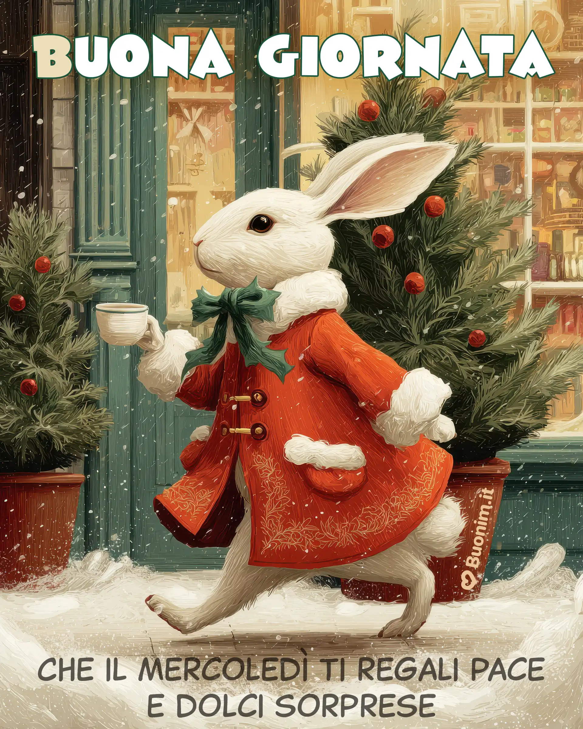 Cappottino rosso, tazza fumante e fiocchi di neve che danzano: questo coniglietto ti stringe in un abbraccione e trasforma il tuo mercoledì d’inverno in un momento di pace. Una piccola coccola da condividere con chi ami per riempire la giornata di serenità.