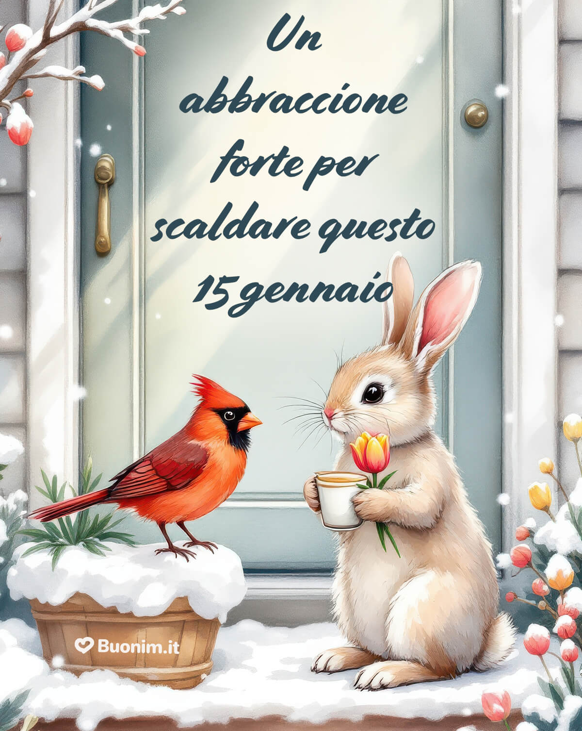Fuori c’è neve, ma dentro arriva un abbraccione. Il 15 gennaio lascia spazio alla gentilezza, come il coniglietto con il caffè e il tulipano, pieno d’affetto.