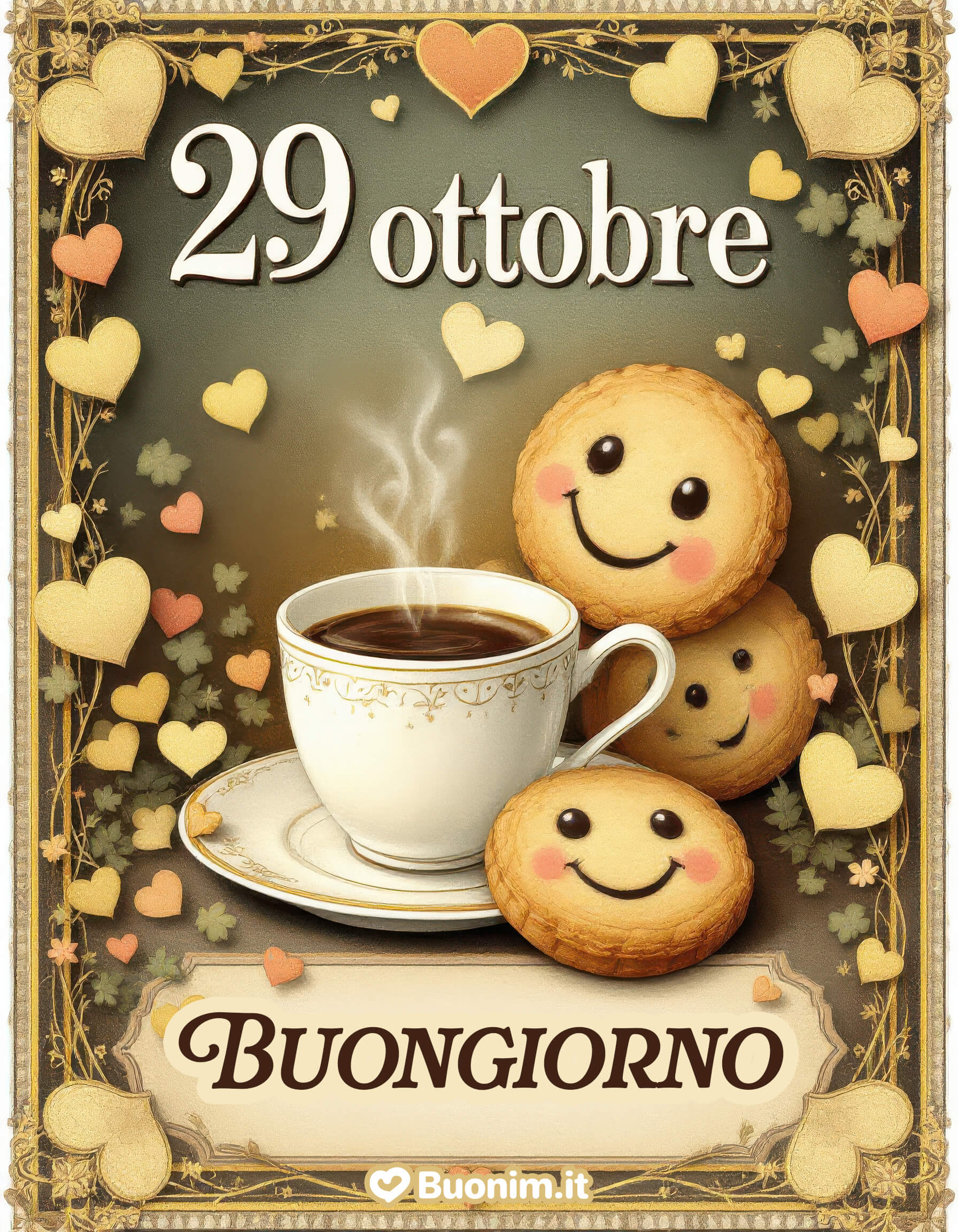 Buongiorno 29 ottobre con cuori e sorrisi Cornice romantica e biscotti pieni di luce scaldano l’anima scarica e manda per dire ti penso e ti abbraccio forte