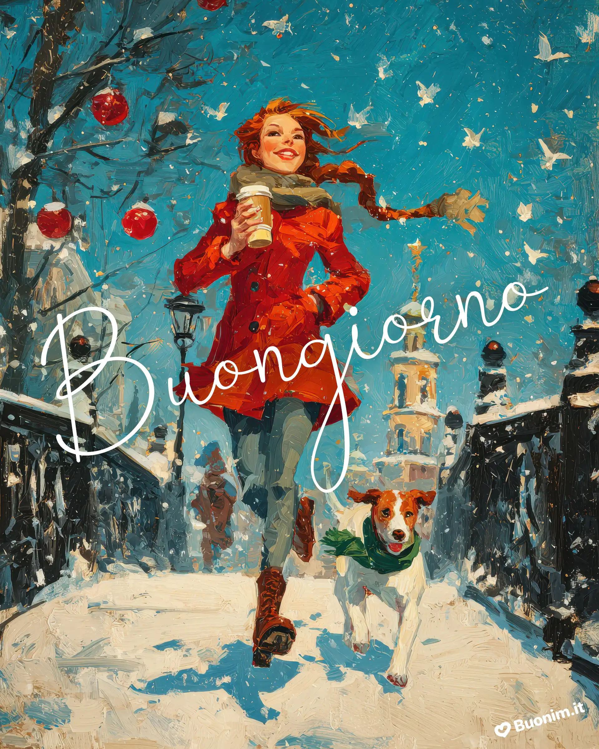 Energia pura, un passo leggero sulla neve e un cagnolino felice che ti accompagna: questa scena è perfetta per chi ama le immagini originali e vuole augurare un buon mercoledì e un felice mercoledì con la neve, anche quando fuori è tutto bianco e freddo.