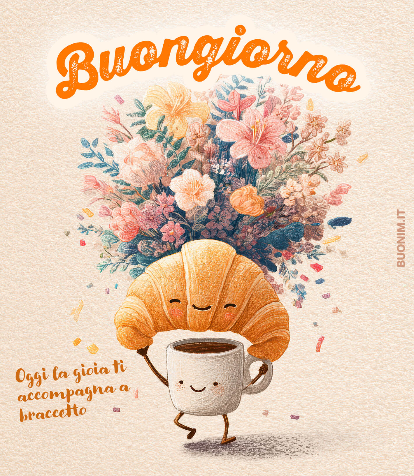 Croissant felice e fiori per il buongiorno C’è aria di dolcezza in questa immagine tenera e allegra. Ti auguro una giornata leggera, un caffè fatto con il cuore e tanta gioia che ti accompagni.