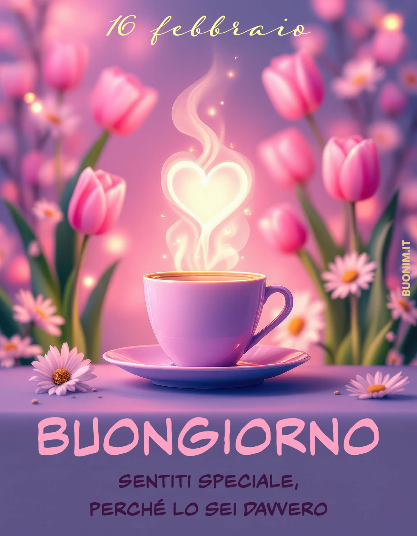 Tra tulipani rosa e un cuore che sale dalla tazza, ti auguro un 16 febbraio pieno di affetto, serenità e piccole attenzioni che fanno sentire speciali.
