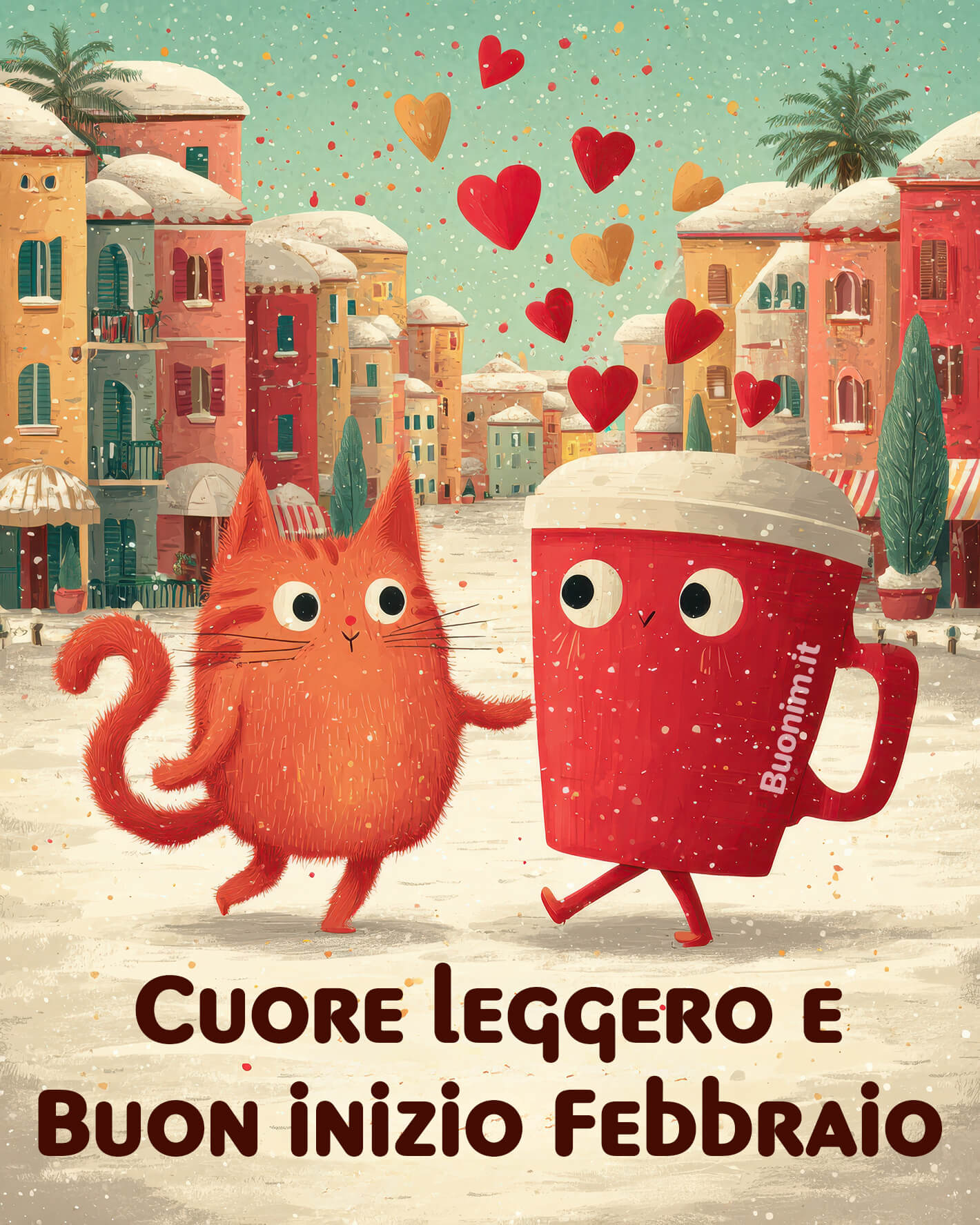 Cuore leggero per il mese con Immagini Nuove In una piazza innevata, basta un sorriso per cambiare tutto. Perfetta tra le immagini di benvenuto febbraio, accompagna il mese con affetto e buon umore da mandare.