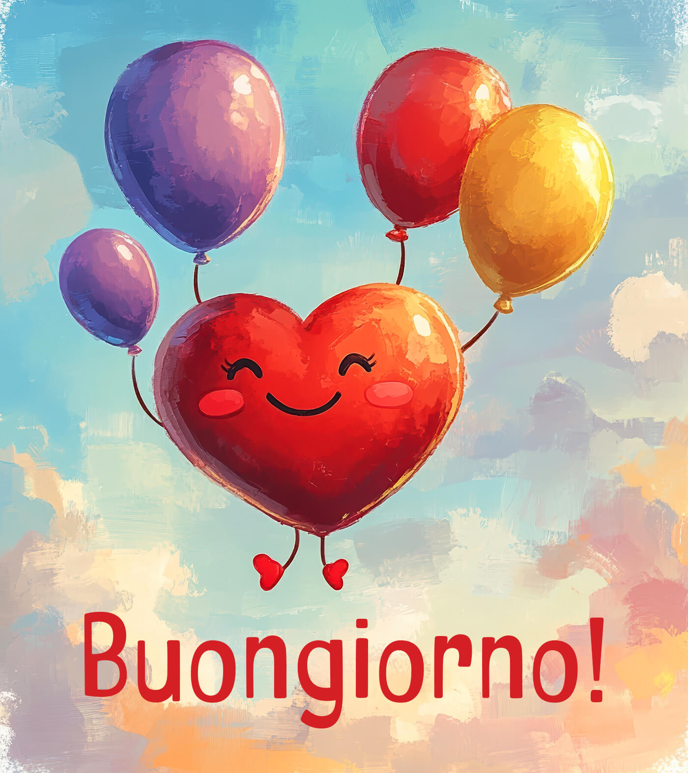 Cuore volante buongiorno pieno di amore Con questo cuore che sale leggero, ti auguro una giornata piena d’amore e pensieri belli. Perfetta da inviare a chi ti sta nel cuore, per dire che ti penso davvero.