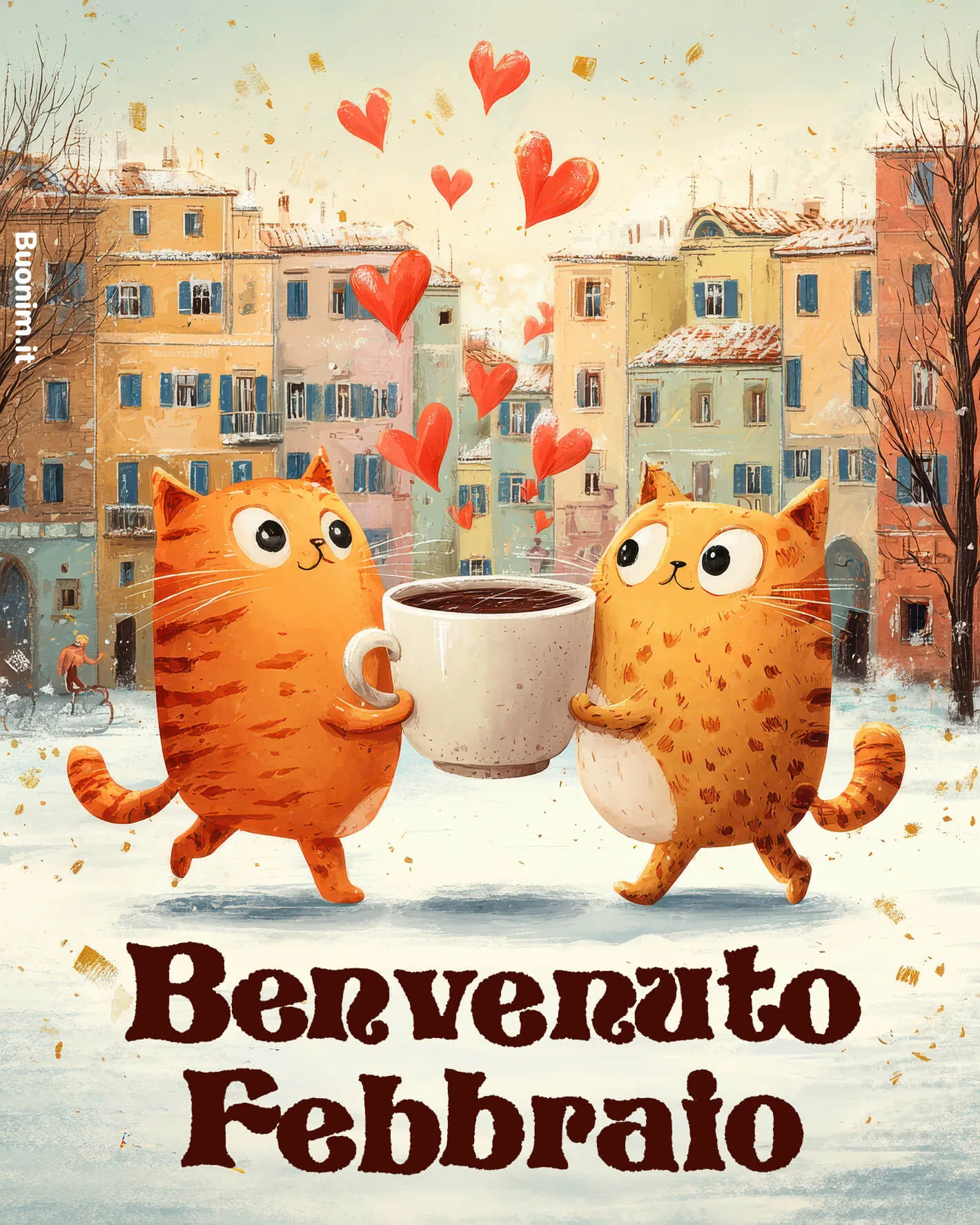Cuori di febbraio con due gatti e caffè Due gattini condividono calore e affetto, e il cuore si alleggerisce. Tra le frasi di febbraio, questa cartolina porta tenerezza fino a fine febbraio, da inviare con bacini.