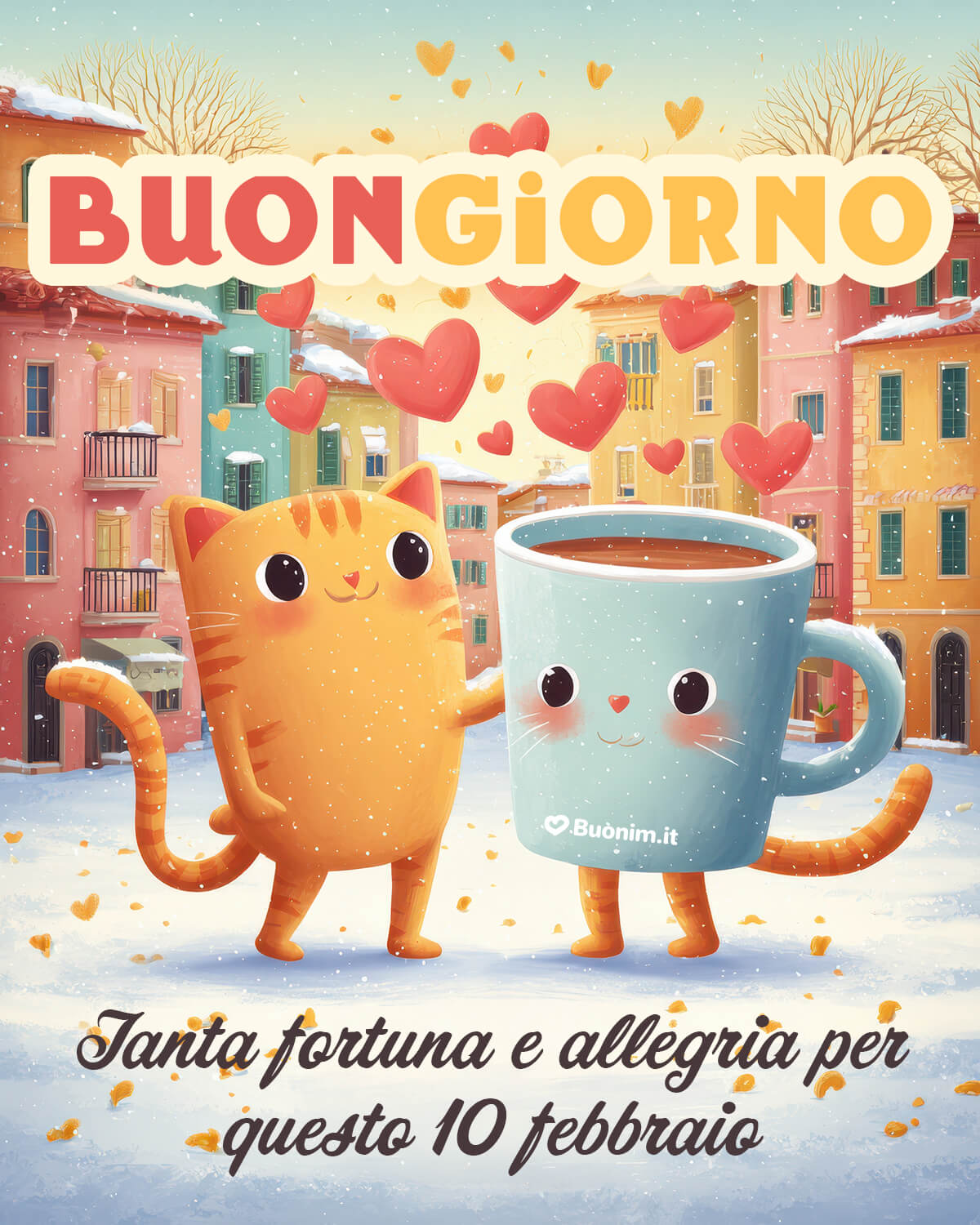 Cuori in città, Buon 10 Febbraio Cuori nell’aria e neve leggera, il gattino e la tazza ti strappano un sorriso. Buon 10 febbraio, che arrivino fortuna, allegria e un abbraccio pieno di calore.