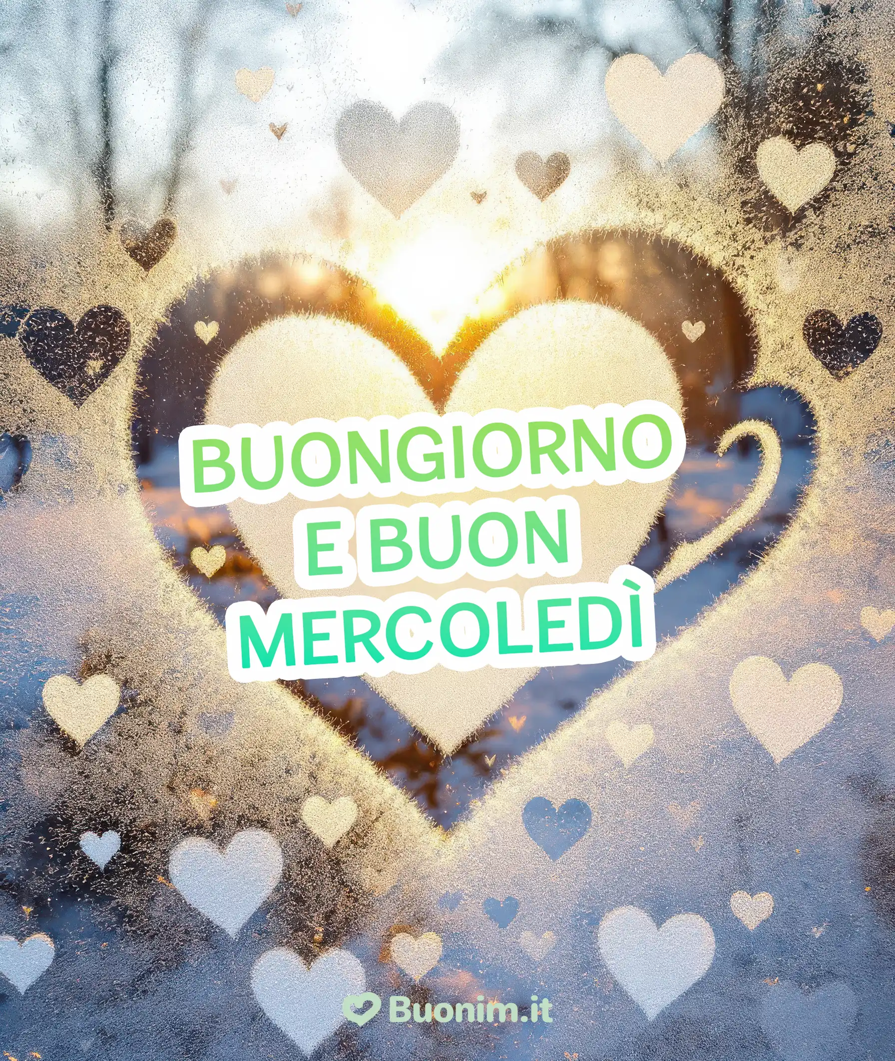 Tra cuori disegnati sul vetro ghiacciato e la luce del mattino nascono frasi di dolcezza che trasformano il gelo in tenerezza. Una delle cartoline di buongiorno del mercoledì invernale più romantiche, ideale per augurare un felice mercoledì con la neve.