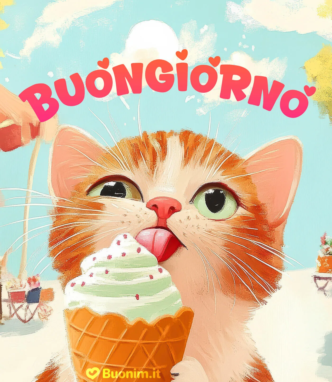 Una nuova immagine di buongiorno divertente Cute kitten enjoying ice cream cone in vibrant outdoor setting with copy space