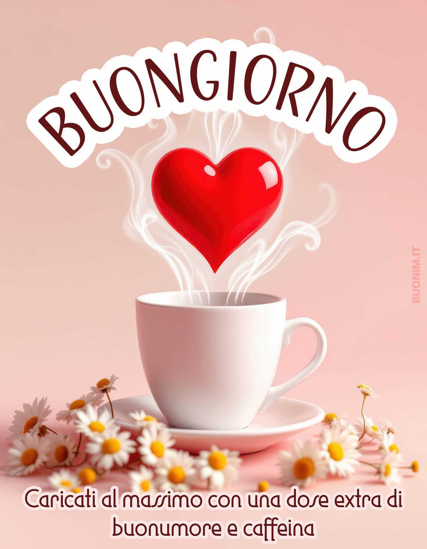 Quel cuore rosso sulla tazza e le margherite sembrano mandarti un bacio. Che il 25 febbraio ti regali buonumore, affetto sincero e tanti motivi per sorridere.