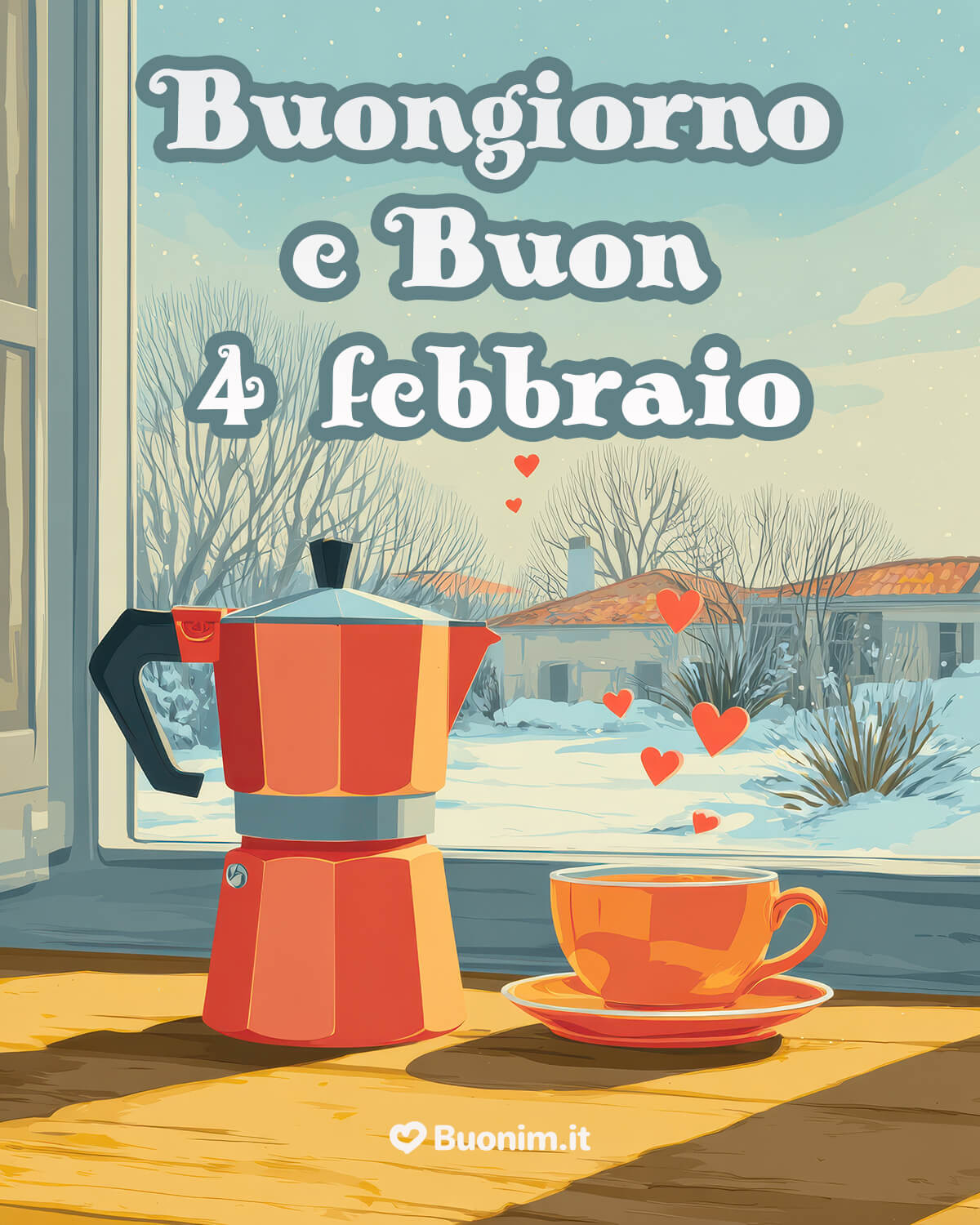 Fuori nevica piano, dentro basta un caffè per sentirsi al sicuro. Ti auguro un 4 febbraio dolce e sereno, con piccoli cuori ovunque e tanta voglia di sorridere.