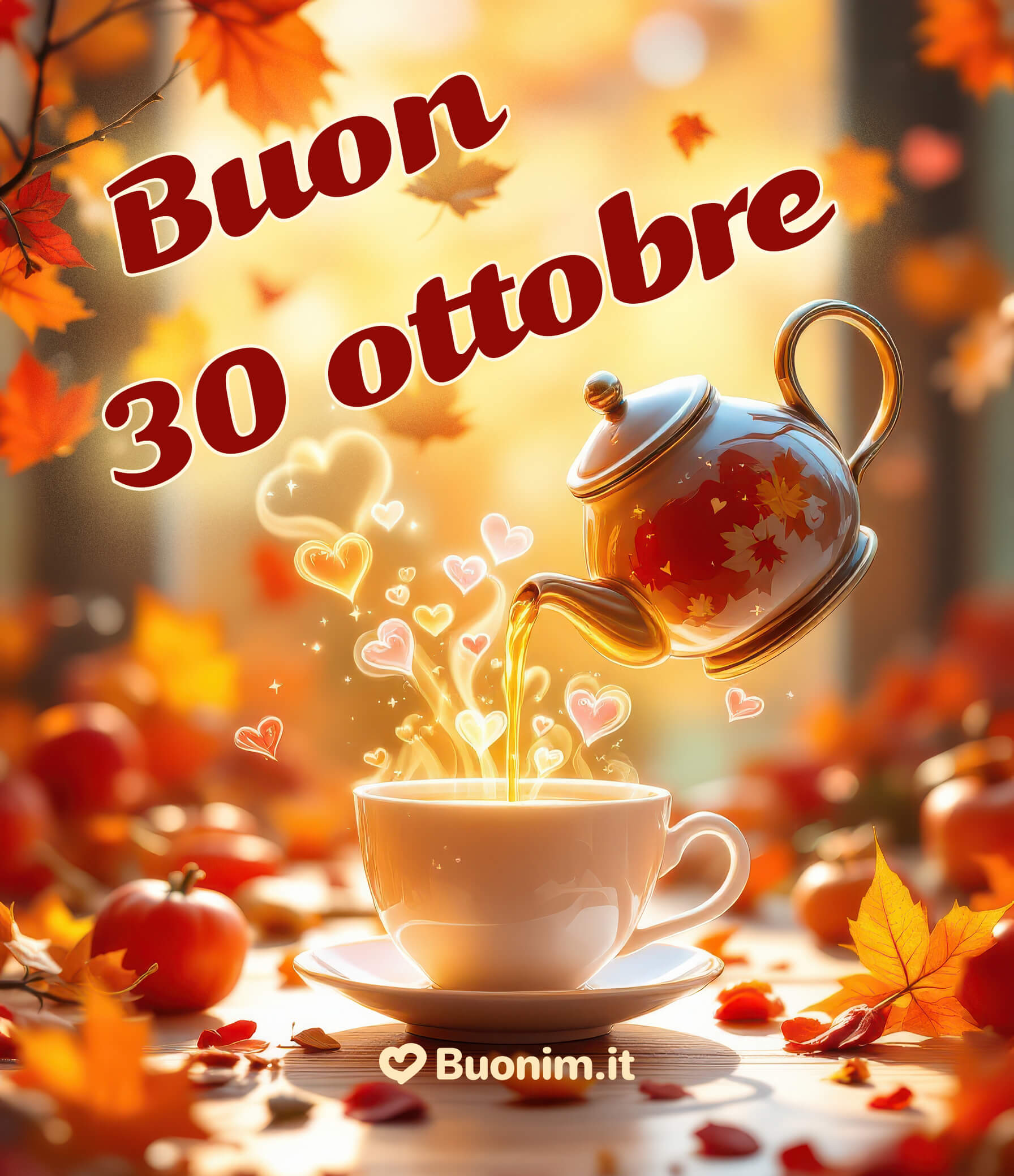 Buon 30 ottobre, tè caldo e cuore leggero Dalla teiera escono piccoli cuori che scaldano l’anima. Prenditi un momento di pace e condividi questa dolcezza