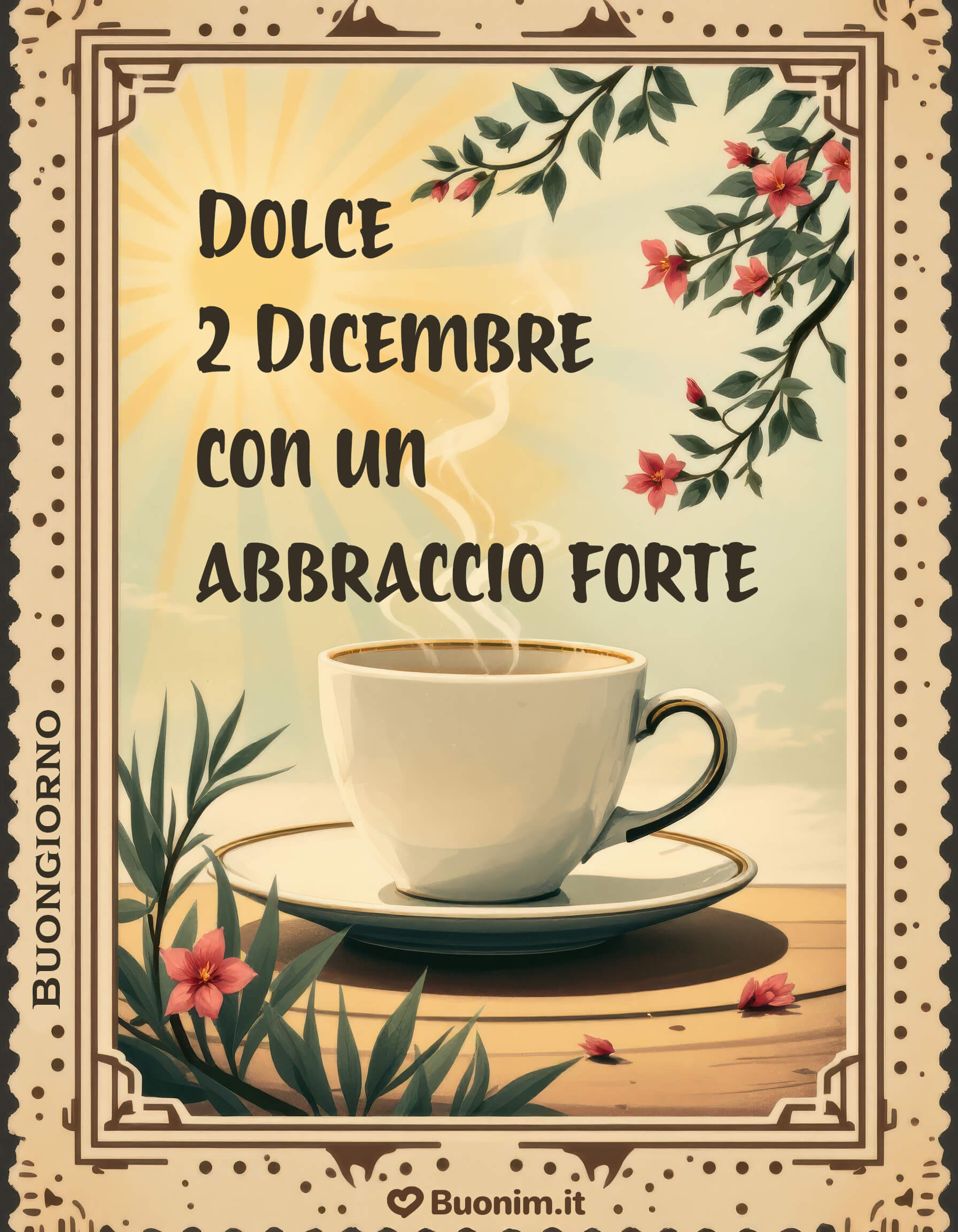 Dolce 2 Dicembre con un abbraccio forte e un buongiorno speciale Ti auguro un 2 dicembre che profuma di pace, con un caffè caldo che avvolge e una luce morbida che riempie di serenità. Un abbraccione per iniziare la giornata con energia e amore. Una frase ideale da condividere per regalare un buongiorno pieno di affetto.