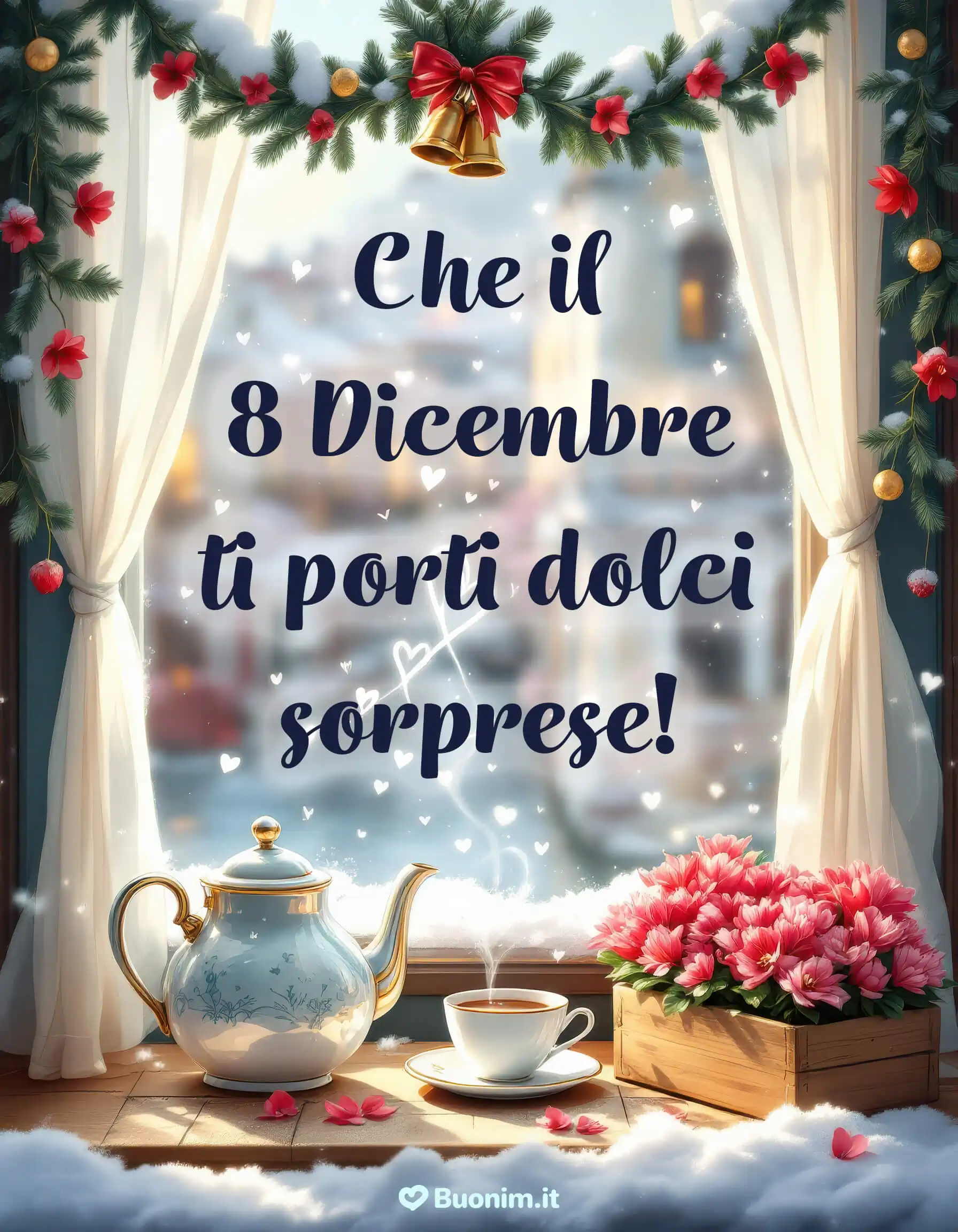 Dolce 8 Dicembre che porta sorprese e tenerezza Ti auguro un 8 dicembre soffice come la neve fuori dalla finestra e caldo come il tè che fuma sul davanzale. Che arrivino piccole sorprese, gesti gentili e attimi di serenità profonda. Condividi questo buongiorno speciale per riempire il giorno di chi ami di coccole e affetto.