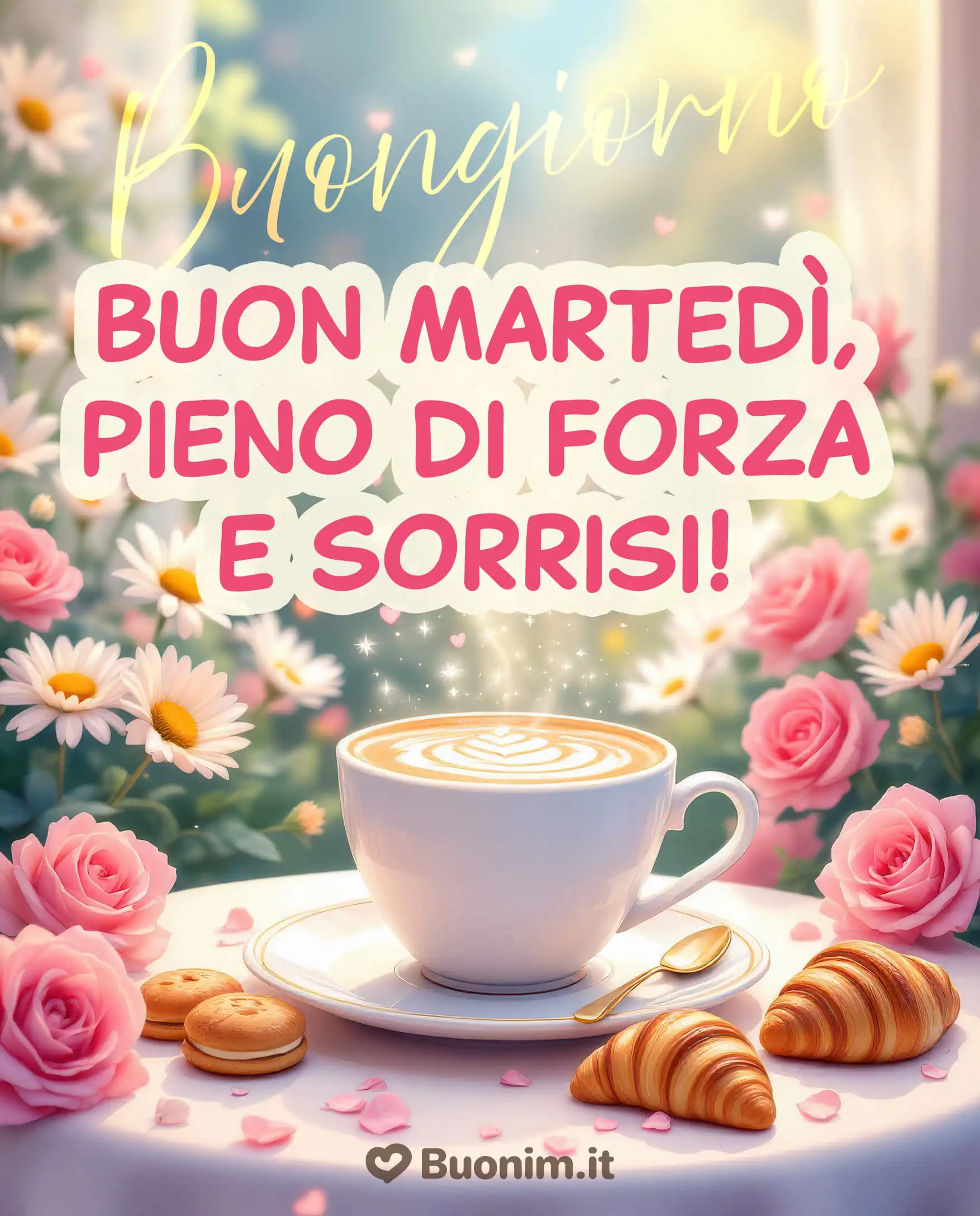 Profumo di rose e croissant caldi per iniziare la giornata con forza e serenità. Nuovissima immagine di buongiorno e buon martedì da condividere su WhatsApp con affetto.