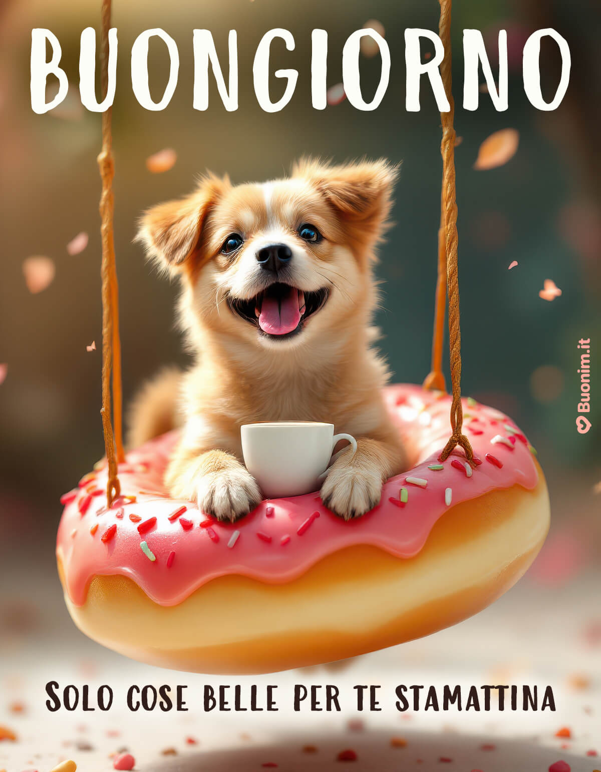 Mattina tenera e piena di coccole, con un caffè tra le zampette. Ideale da inviare su WhatsApp, questa splendida immagine regala un abbraccio e ti accompagna con buonumore.