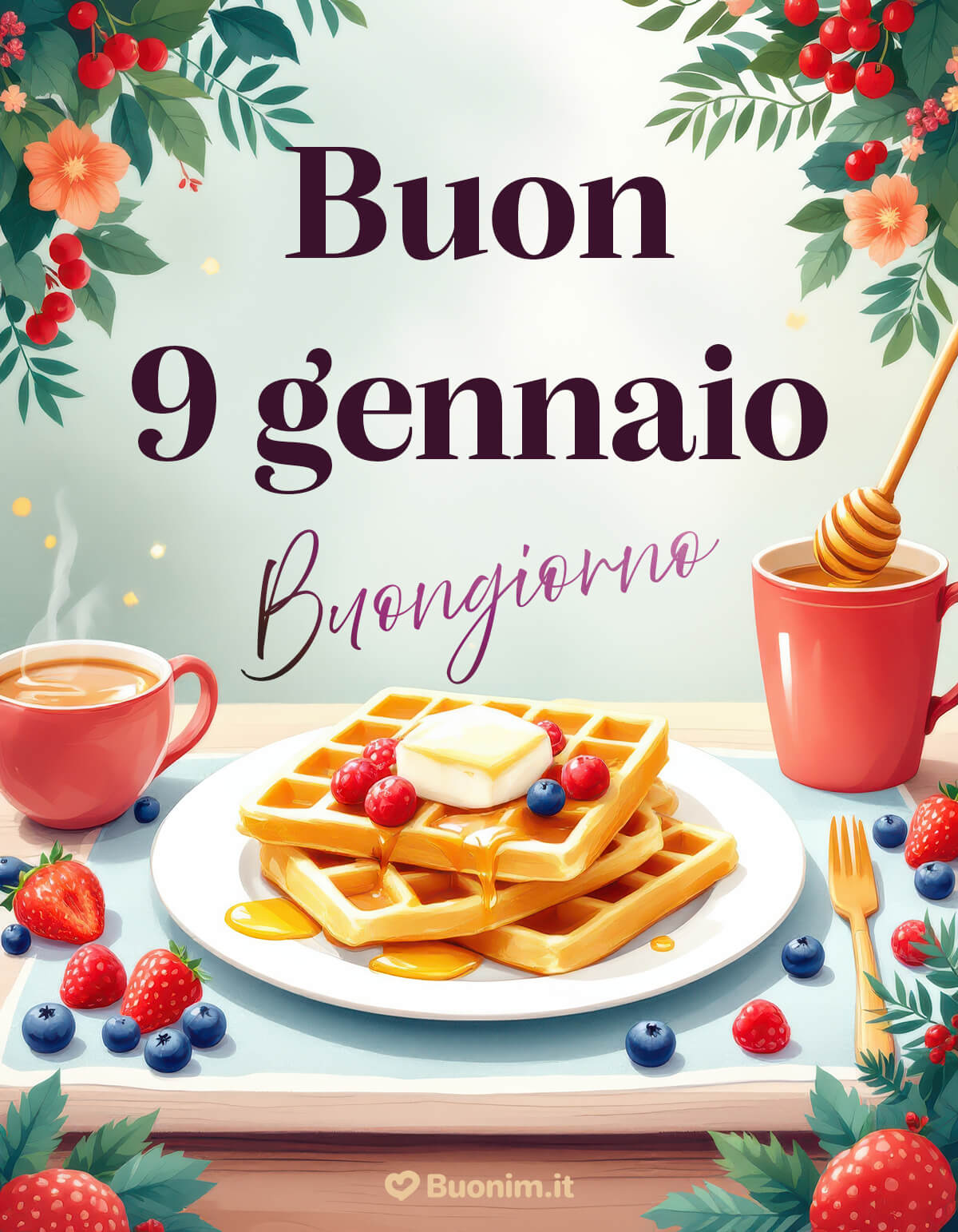 Il profumo dei waffle caldi apre il tuo 9 gennaio, tra frutti di bosco, miele e una tazza di caffè ti auguro energia, sorrisi sinceri e tanta dolcezza.
