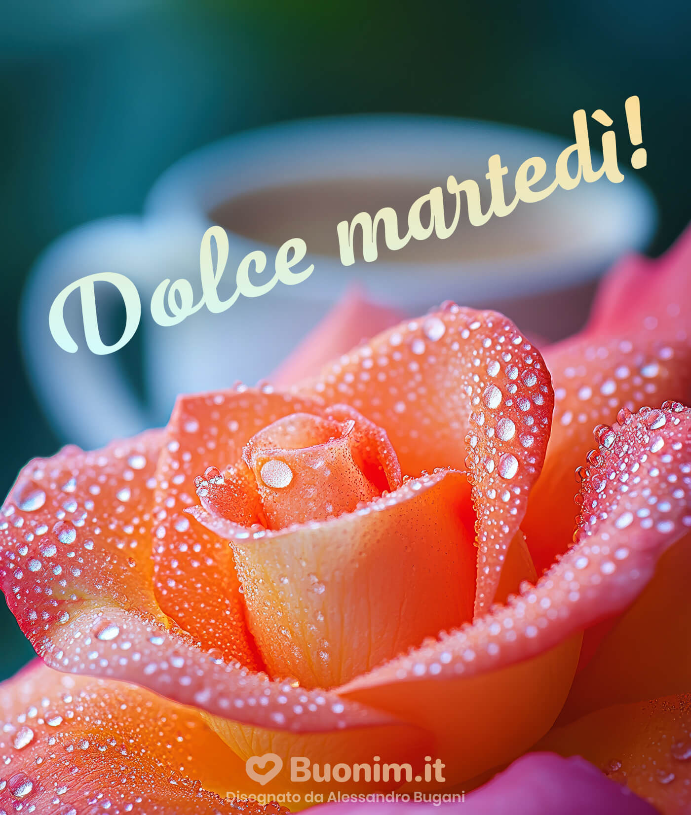 Dolce martedì tra rose e profumo di caffè Gocce di luce e petali delicati accompagnano il tuo martedì. Ti auguro calma, belle notizie e un sorriso che dura. Perfetta da inviare con affetto a chi hai nel cuore.