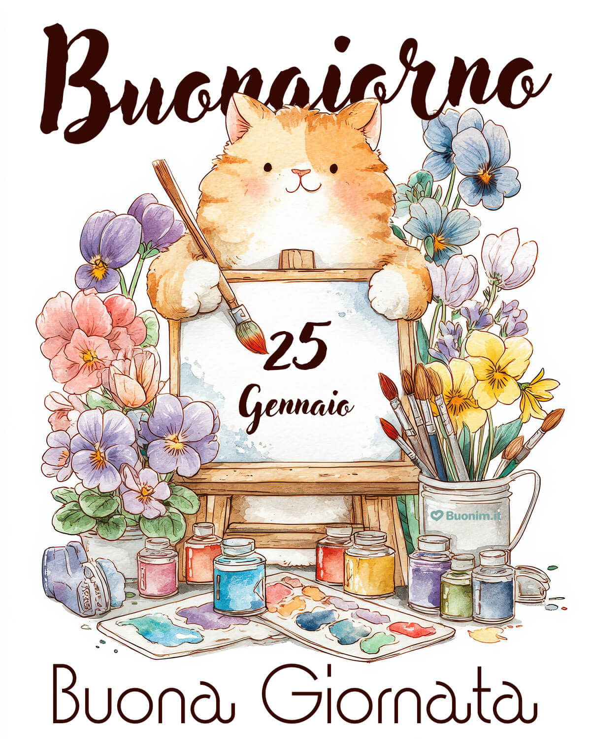 Dolce micetto artista ti augura Buon 25 gennaio Tra pennelli e fiori colorati, questo gattino porta dolcezza al tuo 25 gennaio. Ti mando un abbraccio e tanta serenità, condividila su WhatsApp con chi ami.