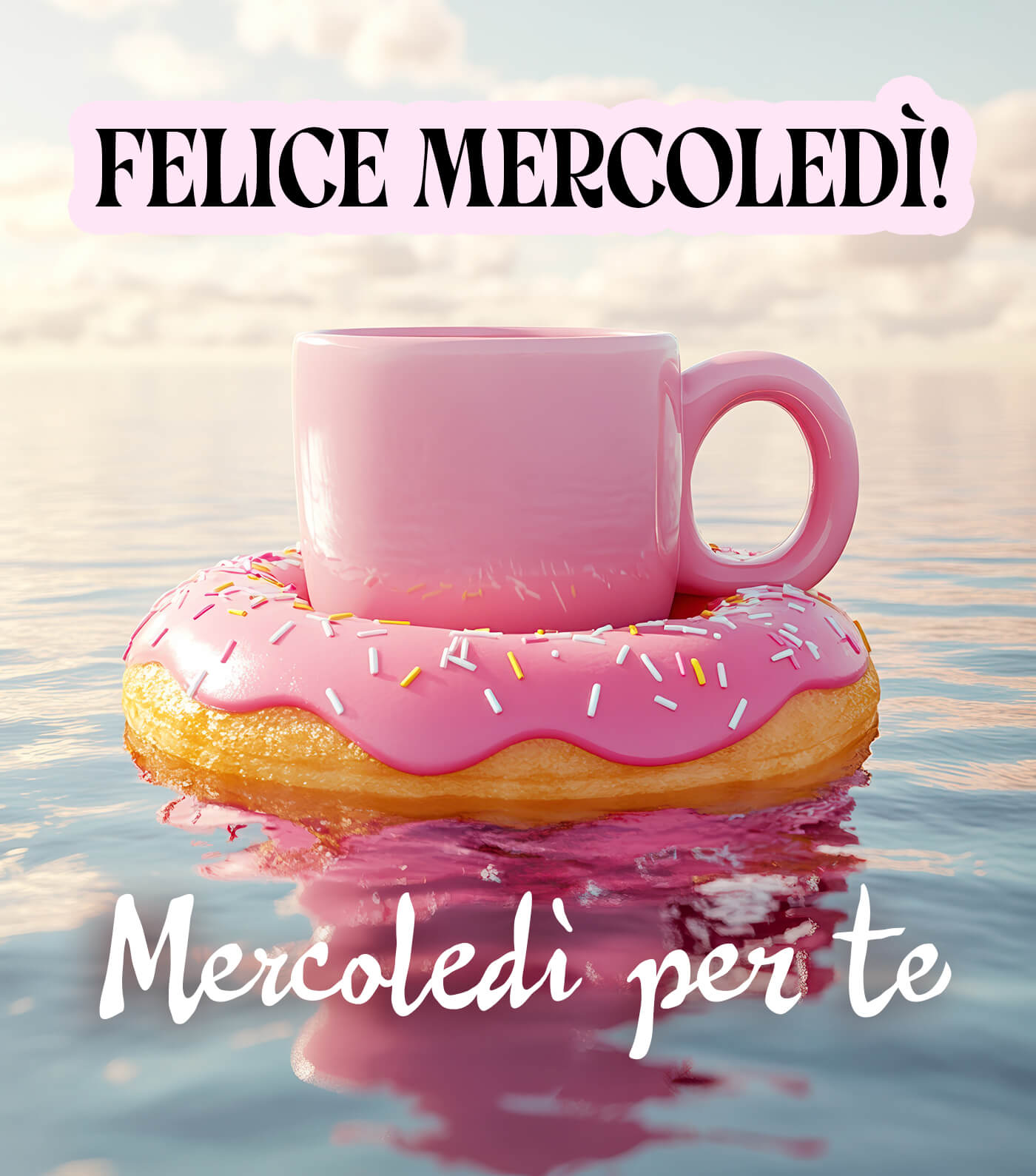 Dolce pausa rosa felice mercoledì tra tazza e donut Tra nuvole e acqua calma, un pensiero dolce arriva fino a te. Buon mercoledì, con serenità e un po’ di tenerezza, perfetto da condividere con chi ti fa sorridere.