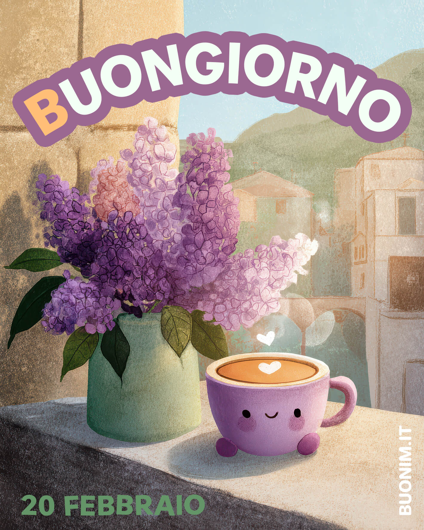 La tazzina sorride accanto ai lillà, mentre il paese si sveglia. Concediti qualche minuto di calma prima di uscire. Ti auguro una mattina piacevole e una giornata senza affanni.