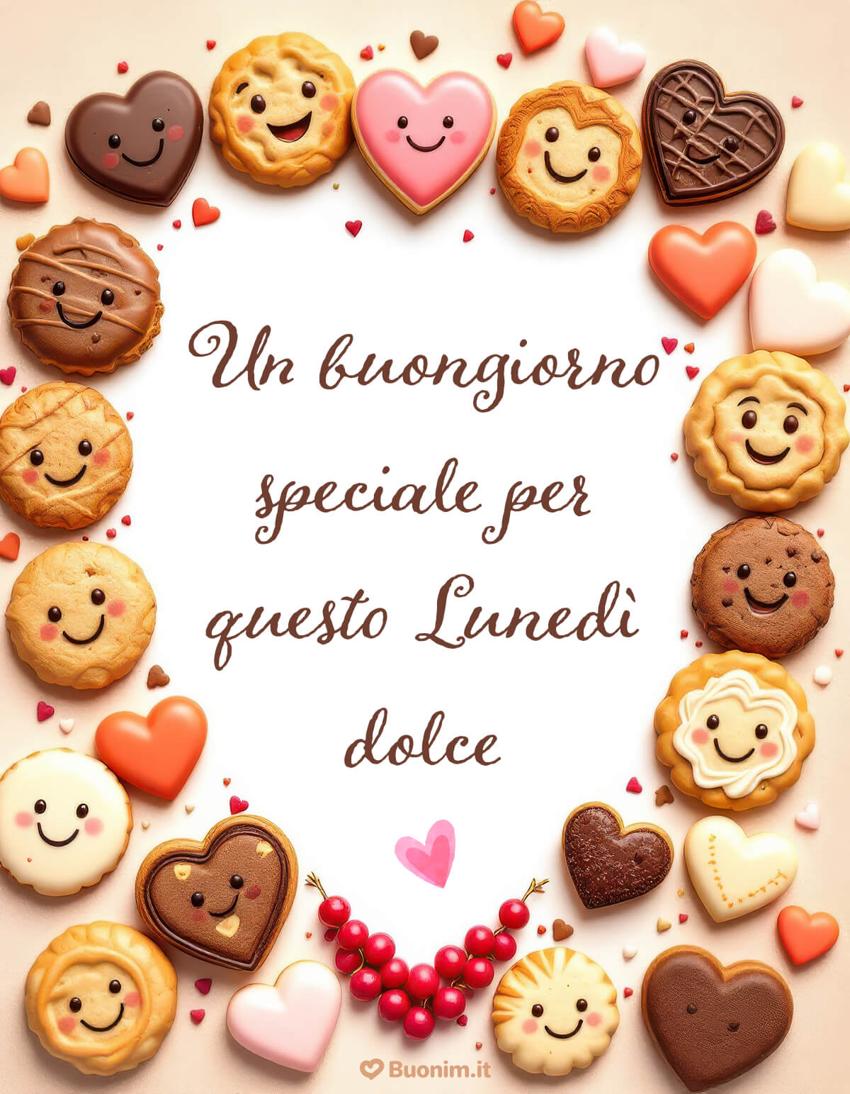 Che coccola vedere cuoricini e dolcezze che sorridono. Perfetta da inviare su WhatsApp per augurare un buon lunedì, con auguri teneri e un tocco magico.