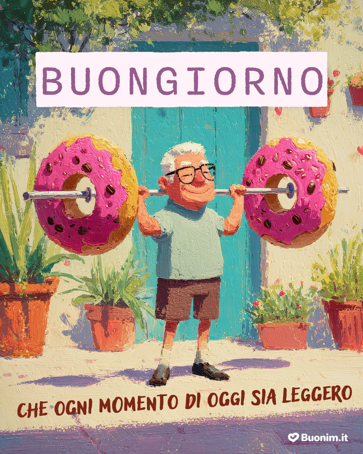 Dolci energie in una cartolina con frase di buongiorno Oggi si allenano solo il sorriso e la leggerezza, con questi pesi fatti di dolci ciambelle. È perfetta da mandare come cartolina di buona giornata a chi ha bisogno di buonumore.