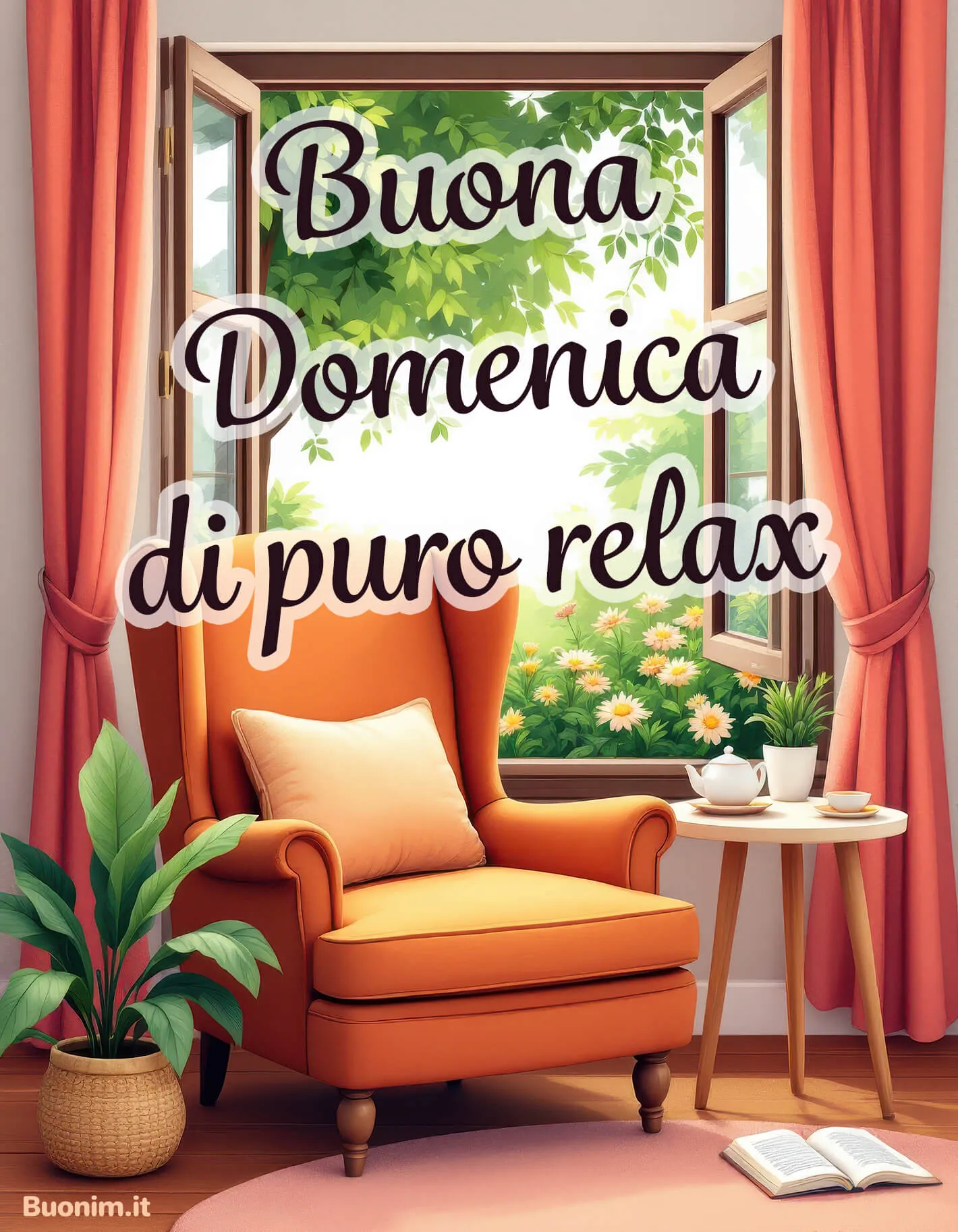Dal tepore di una poltrona nasce un augurio tenero e pieno di serenità. Perfetta da condividere per augurare una buona domenica e regalare un risveglio calmo, affettuoso e luminoso.