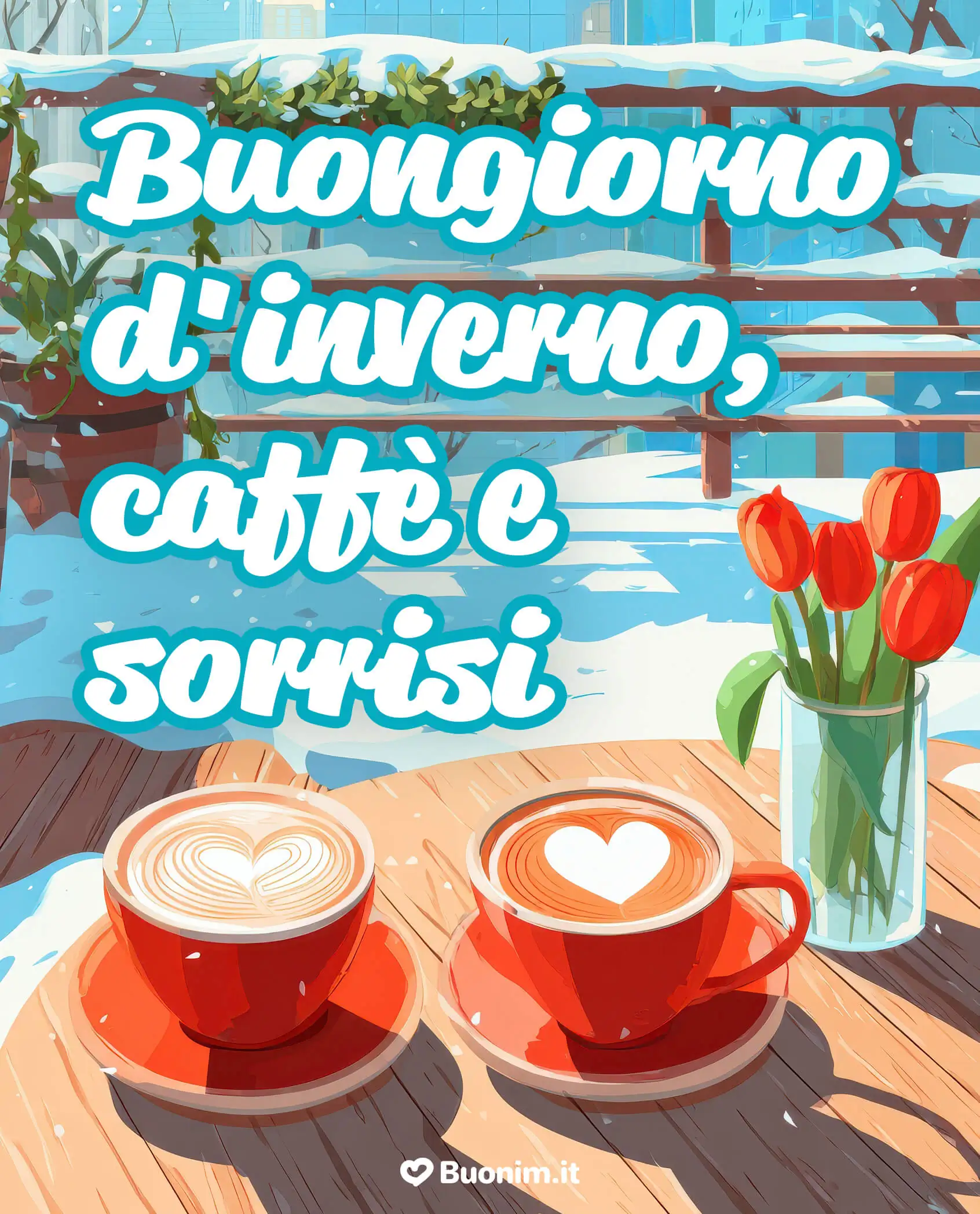 Terrazza innevata e latte a forma di cuore, chiacchiere lente e affetto che scaldano l’anima. Un’immagine dell’inverno che profuma di casa e di calma. Condividi un buongiornissimo pieno di coccole e serenità.