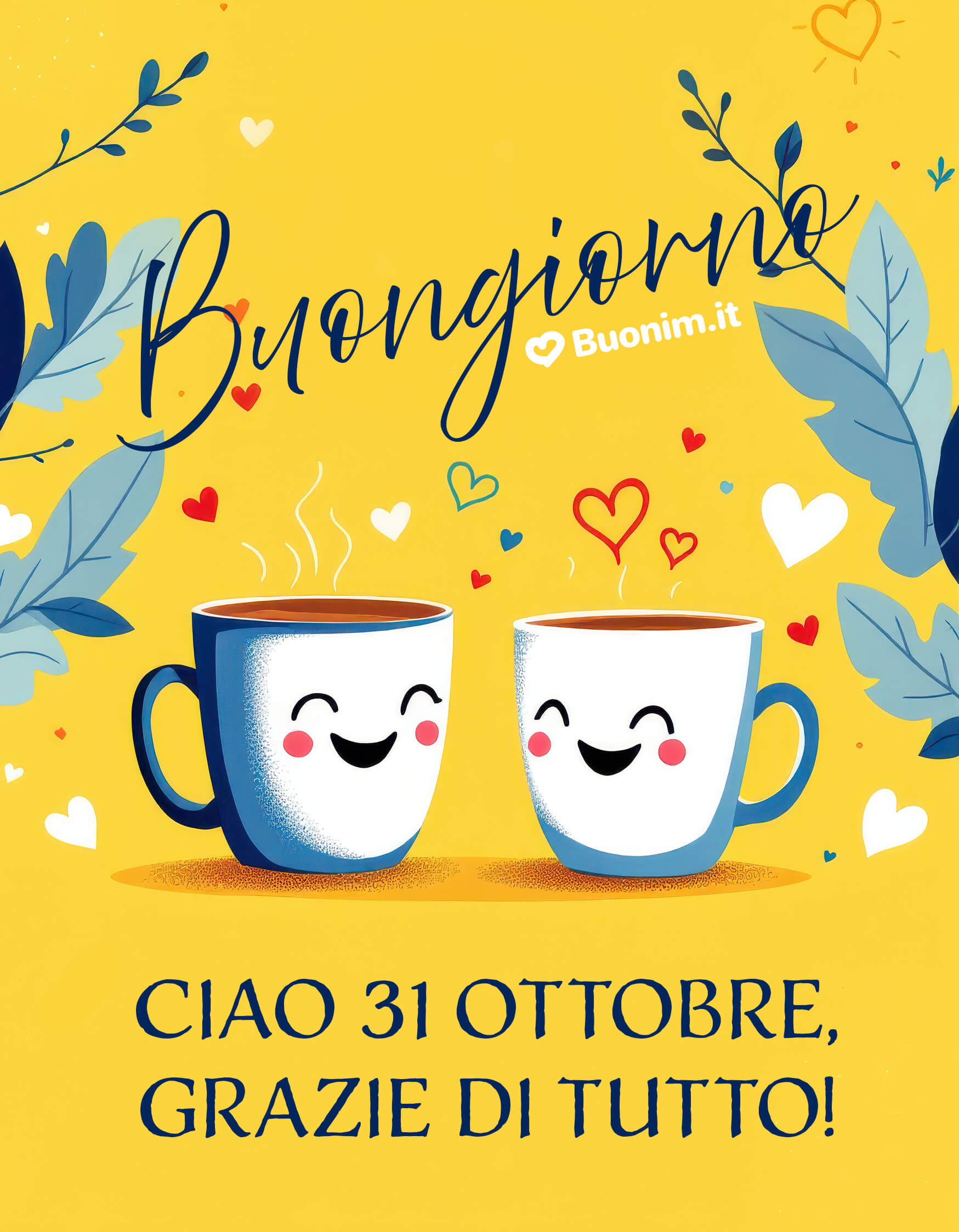 Ciao, 31 ottobre, grazie di tutto Due tazze felici e cuoricini nell’aria dicono grazie per i piccoli momenti. Condividi questa immagine e augura una giornata piena di affetto