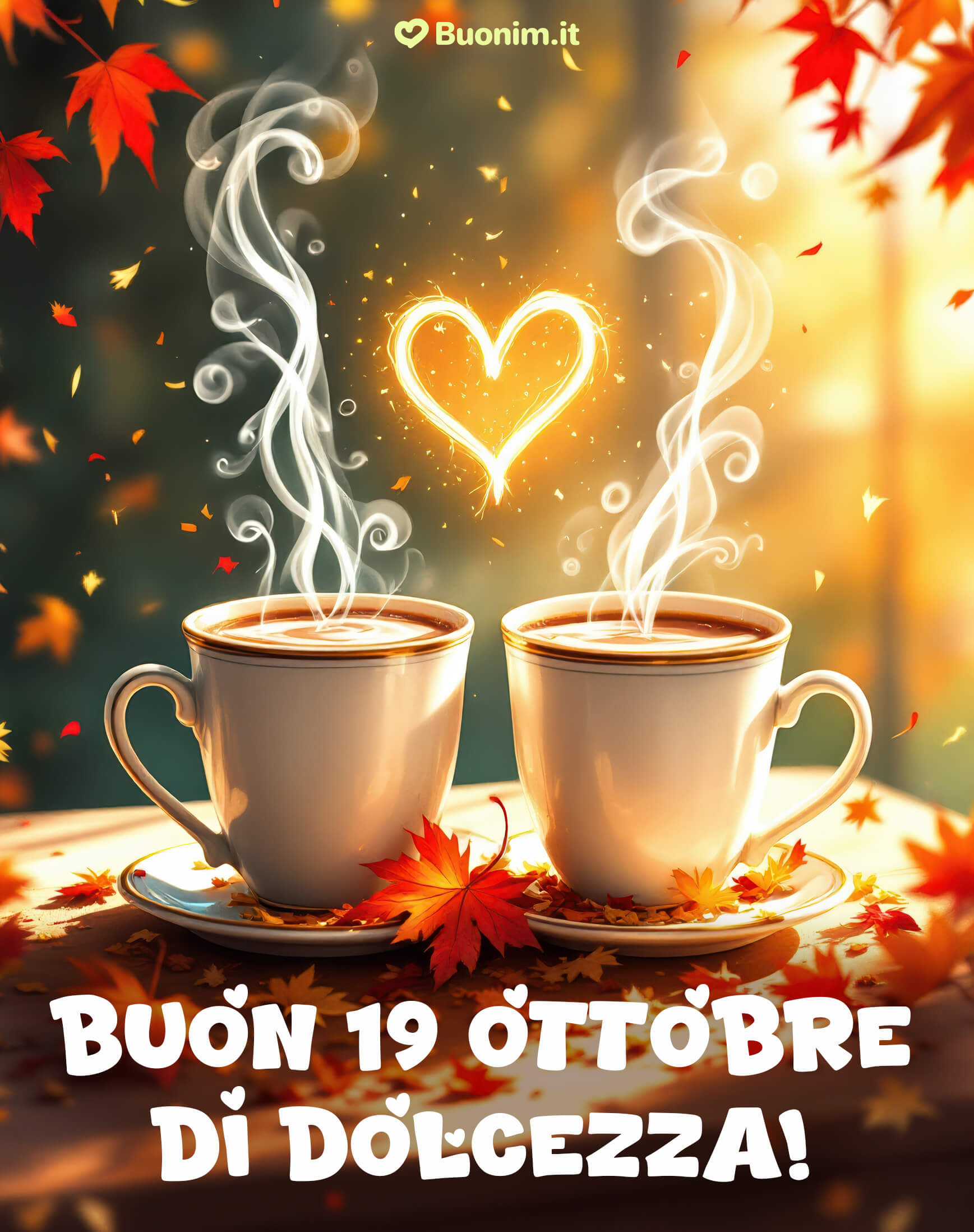 Buon 19 ottobre pieno di dolcezza e abbracci Due tazze fumanti e un cuore luminoso augurano un buongiorno speciale, pieno d’amore e serenità. Condividi questa immagine e regala un pensiero tenero a chi ti è caro.