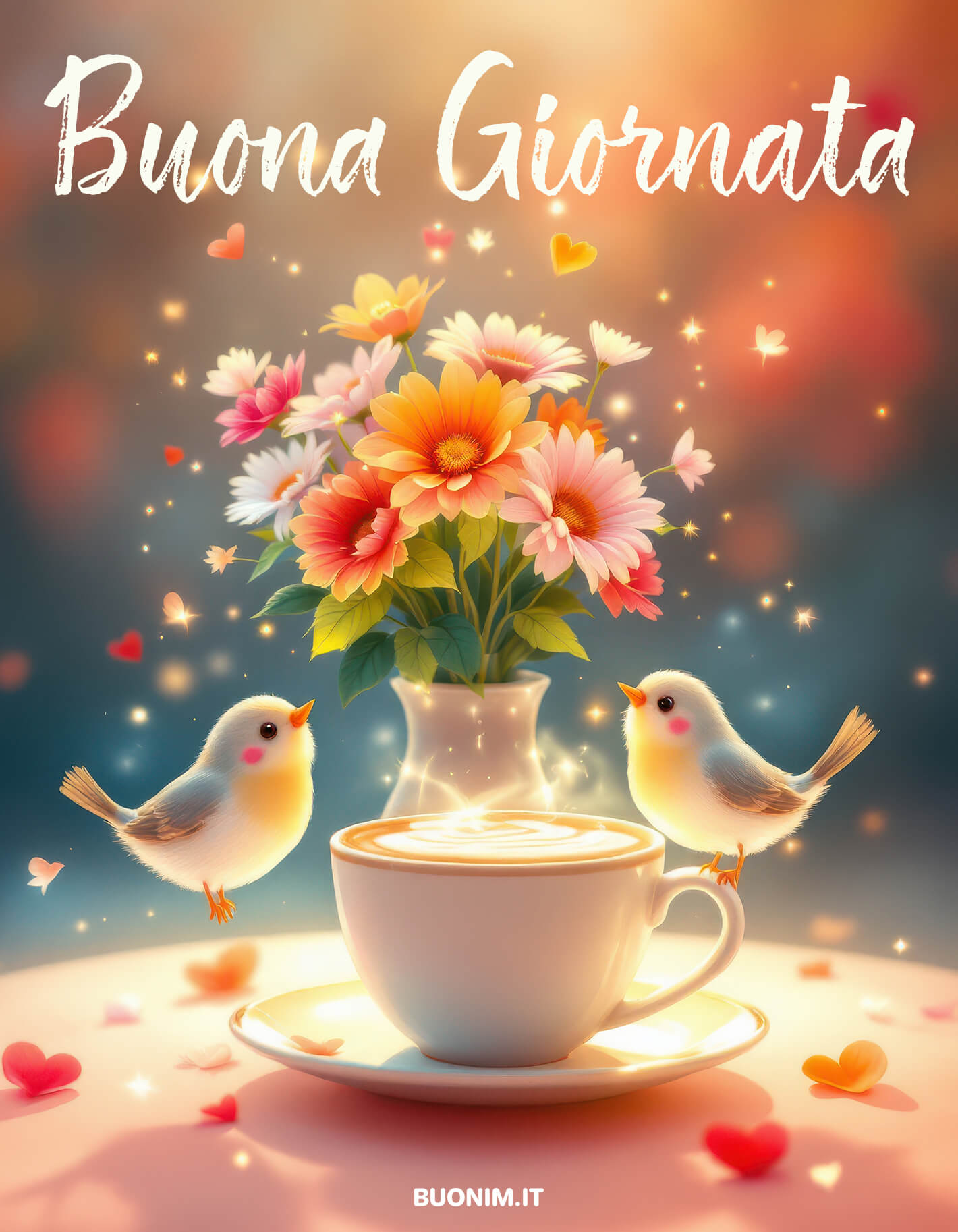 Due uccellini ti augurano una mattina piena d’affetto Comincia il 18 febbraio in dolce compagnia, tra uccellini, fiori e caffè caldo. Ti mando un abbraccione e ti auguro di avere accanto chi ti vuole bene.