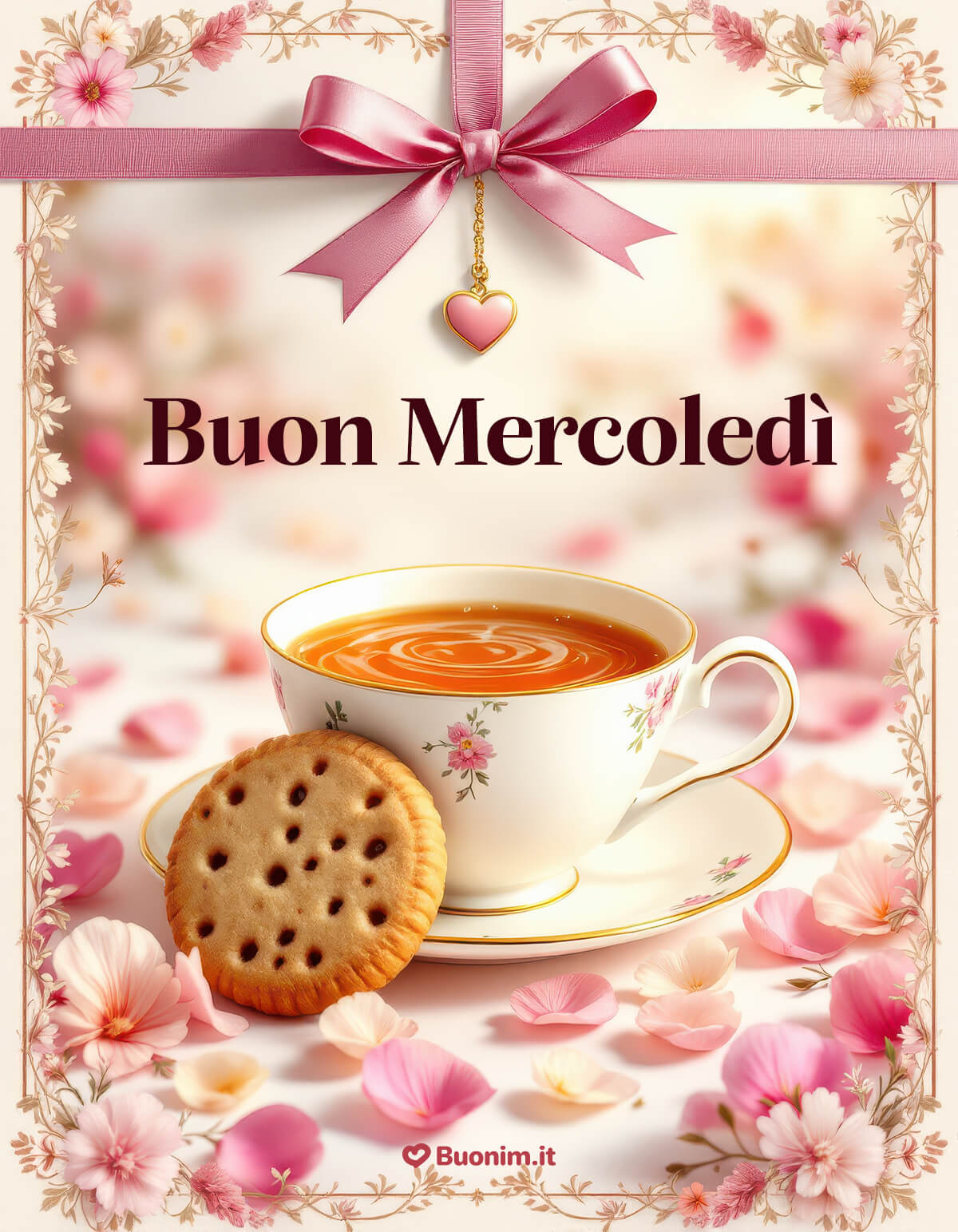 Elegante buon mercoledì con tazza e nastro rosa Profumo di tè e petali rosa, tutto parla di cura e dolcezza. Questa cartolina elegante è ideale per augurare un buon mercoledì con affetto, senza troppe parole.