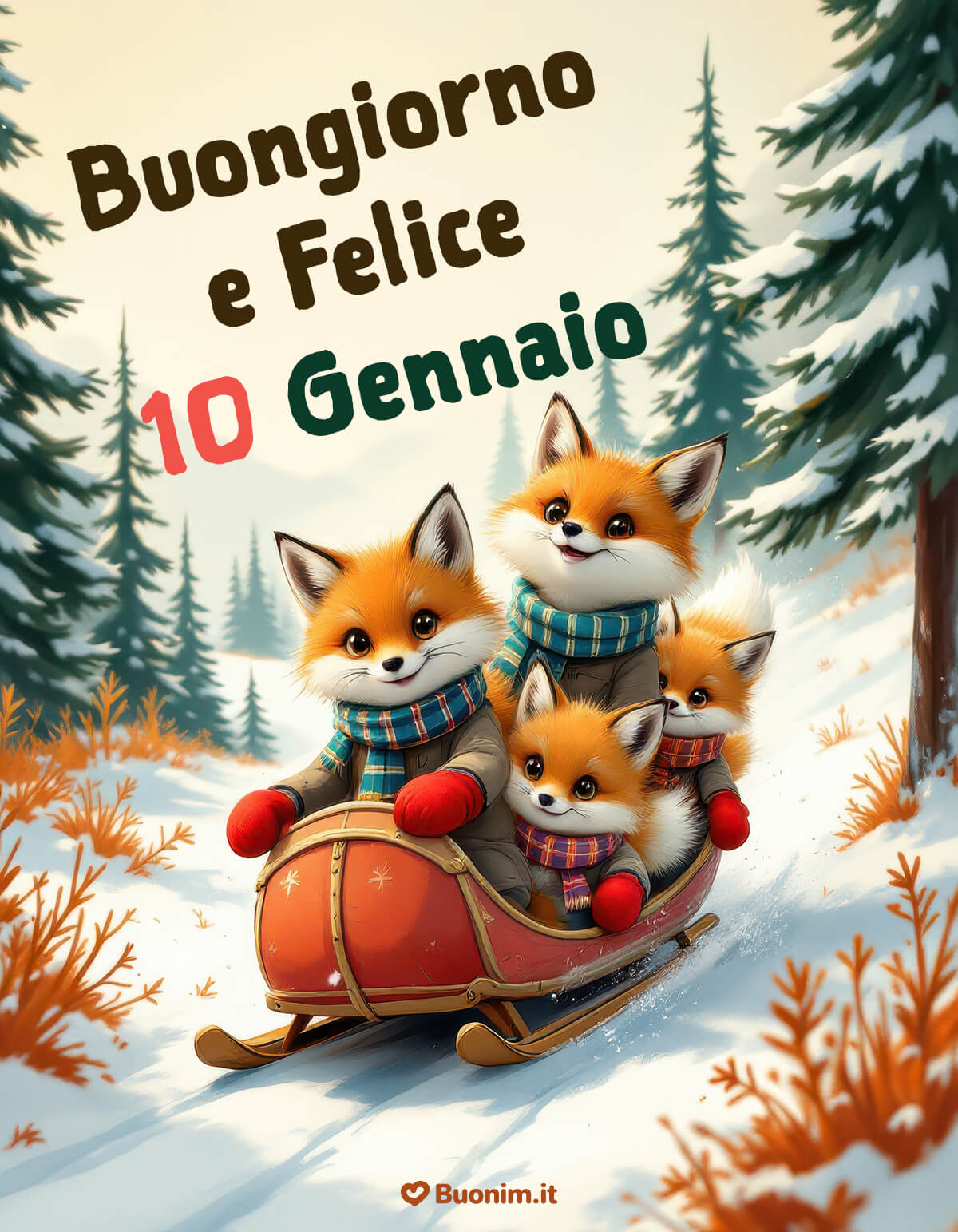 Famigliola di volpi in slitta ti saluta Goditi questa discesa sulla neve con la famigliola di volpi sorridenti che ti accompagna in questo 10 gennaio, augurandoti leggerezza, calore di famiglia, risate e un abbraccione speciale.