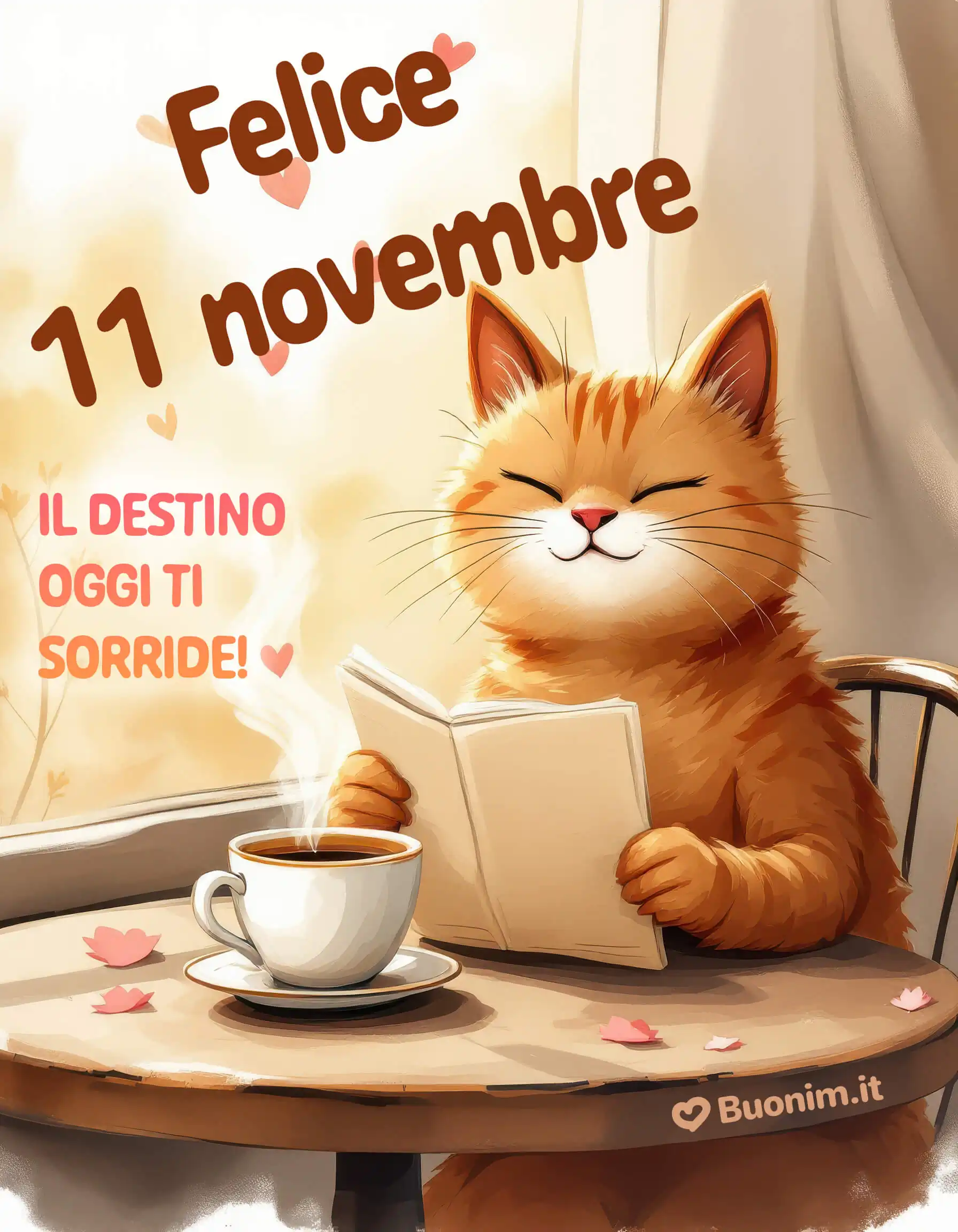 Felice 11 novembre con micetto e caffettino Tra pagine e coccole, il destino ti sorride. Prenditi cinque minuti per te, poi manda questa cartolina a chi vuoi bene.