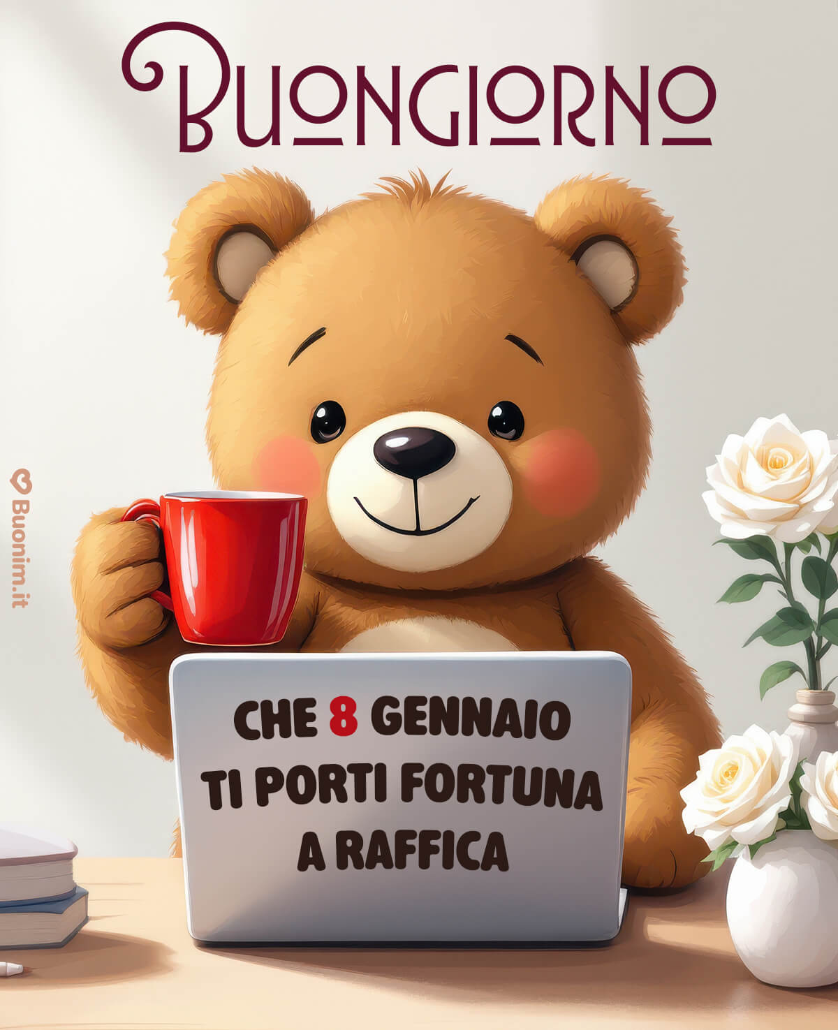 Oggi l'orsetto davanti al pc alza la tazza rossa e ti manda una raffica di fortuna, che ogni messaggio dell'8 gennaio porti sorrisi, idee e belle occasioni.