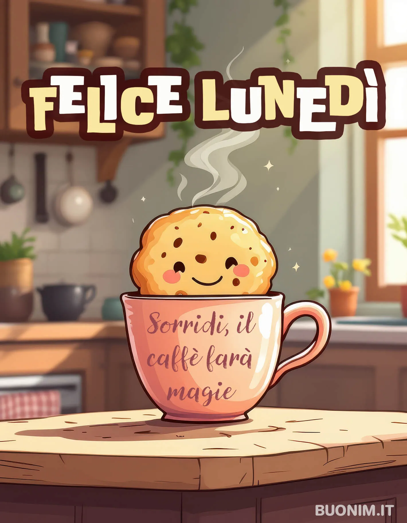 Quel biscotto sorridente porta allegria al caffè del lunedì e invita a cominciare col buonumore. Condividerla con dolcezza regala energia, bacini, fortuna per tutta la giornata.