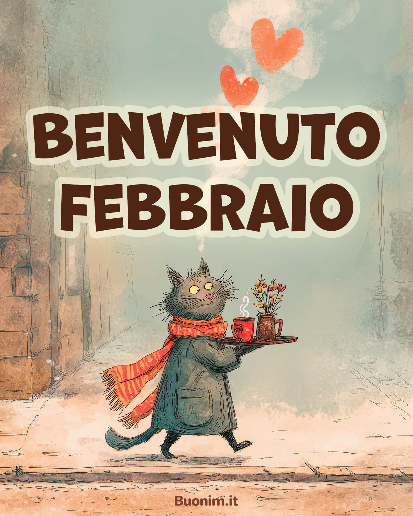 Felice febbraio con gatto gentile e tisana Quando l’aria è invernale, basta una tisana e due cuori per sentirsi più vicini. Perfetta per dire felice febbraio e regalare immagini di febbraio con belle frasi.