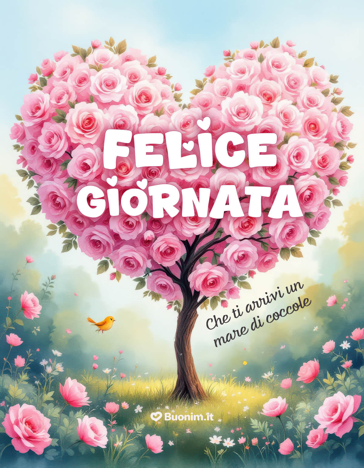 Felice giornata con energie positive per te Dal grande cuore di rose scendono coccole e luce, che ti avvolgono piano. Un pensiero dolcissimo per te e per i tuoi amici, per una giornata davvero positiva.