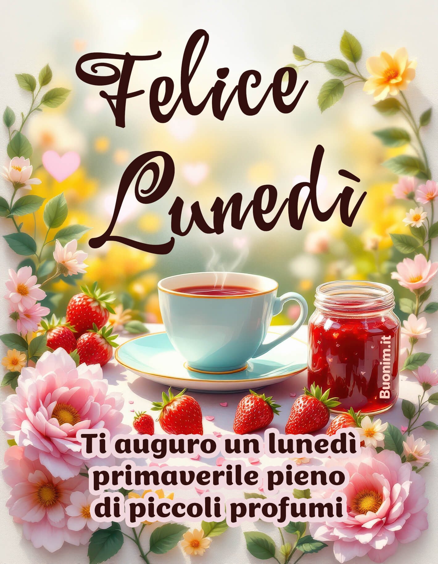 Felice lunedì tra fragole e piccoli profumi Tra fiori e note di primavera, che la giornata sia gentile con te. Ti auguro un lunedì leggero, pieno di cose buone e sorrisi, da mandare a chi ti scalda il cuore.