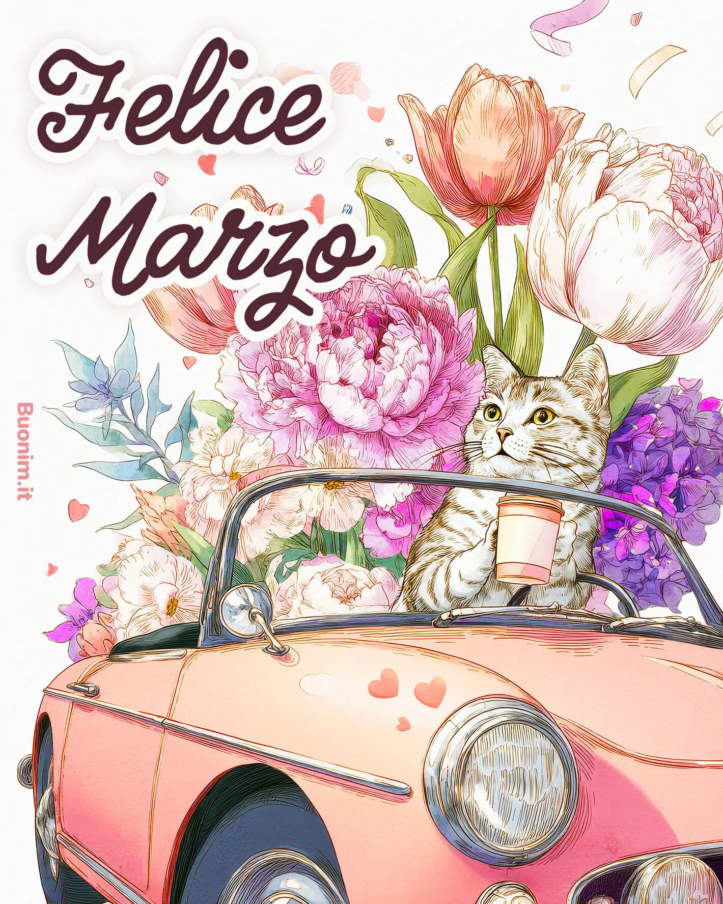 Felice marzo in macchina con gattino elegante Tra colori e petali, il gattino ti augura buon marzo, spensierato e leggero. Ideale nelle immagini belle per il buongiorno di marzo, per far sorridere qualcuno con un pensiero tenero.