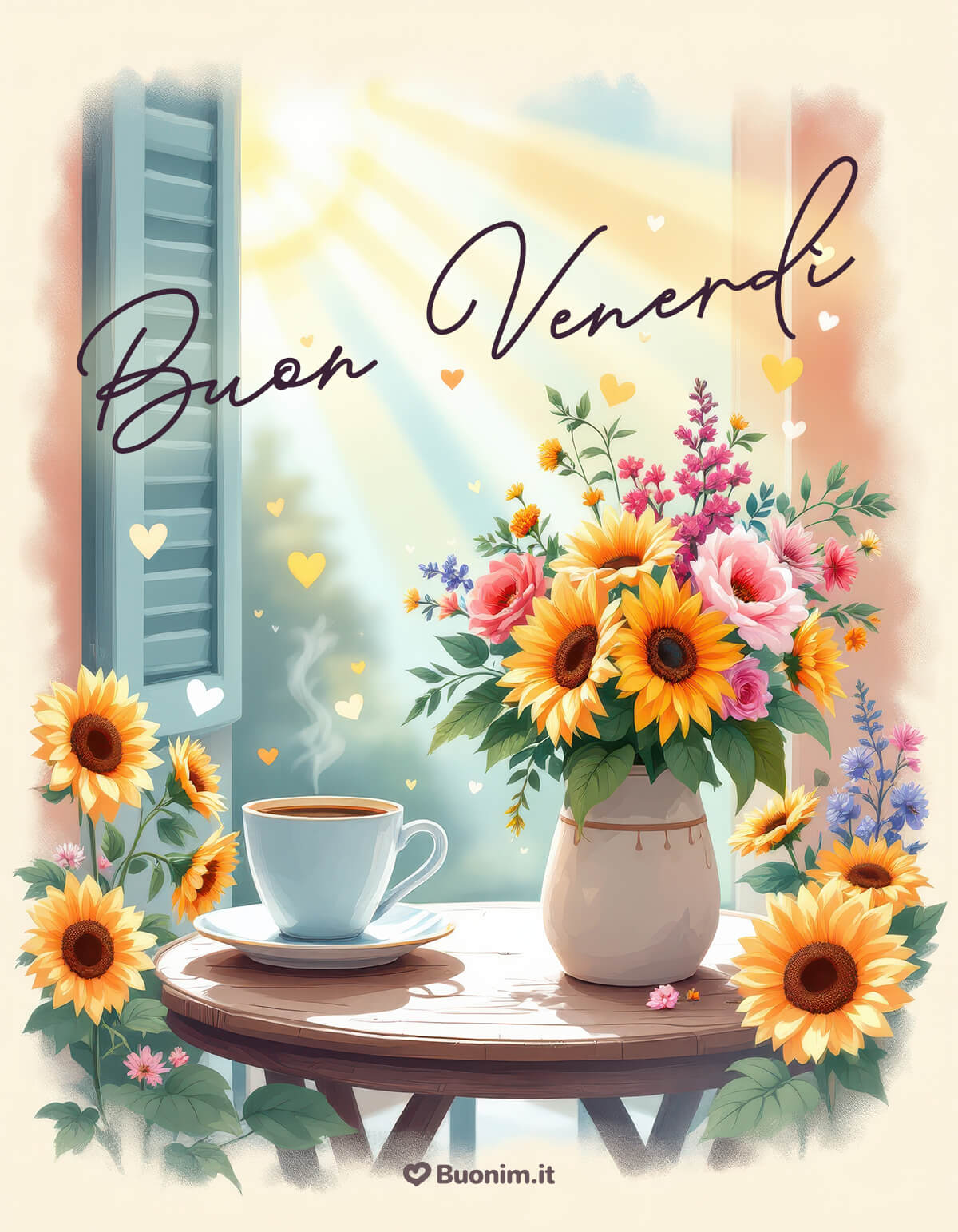 Finestra di Luce, immagine di buon venerdì con frase speciale Dalla finestra entra un raggio caldo e il caffè fa compagnia ai fiori. Un pensiero delicato da inviare a chi vuoi bene, per un Venerdì luminoso.