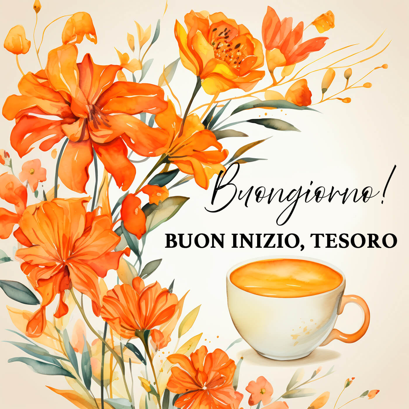 Fiori arancio e caffè per un nuovo inizio Con questi colori caldi nel cuore, ti auguro una settimana serena e piena di cose belle, tesoro. Un pensiero dolce da condividere con chi ami.